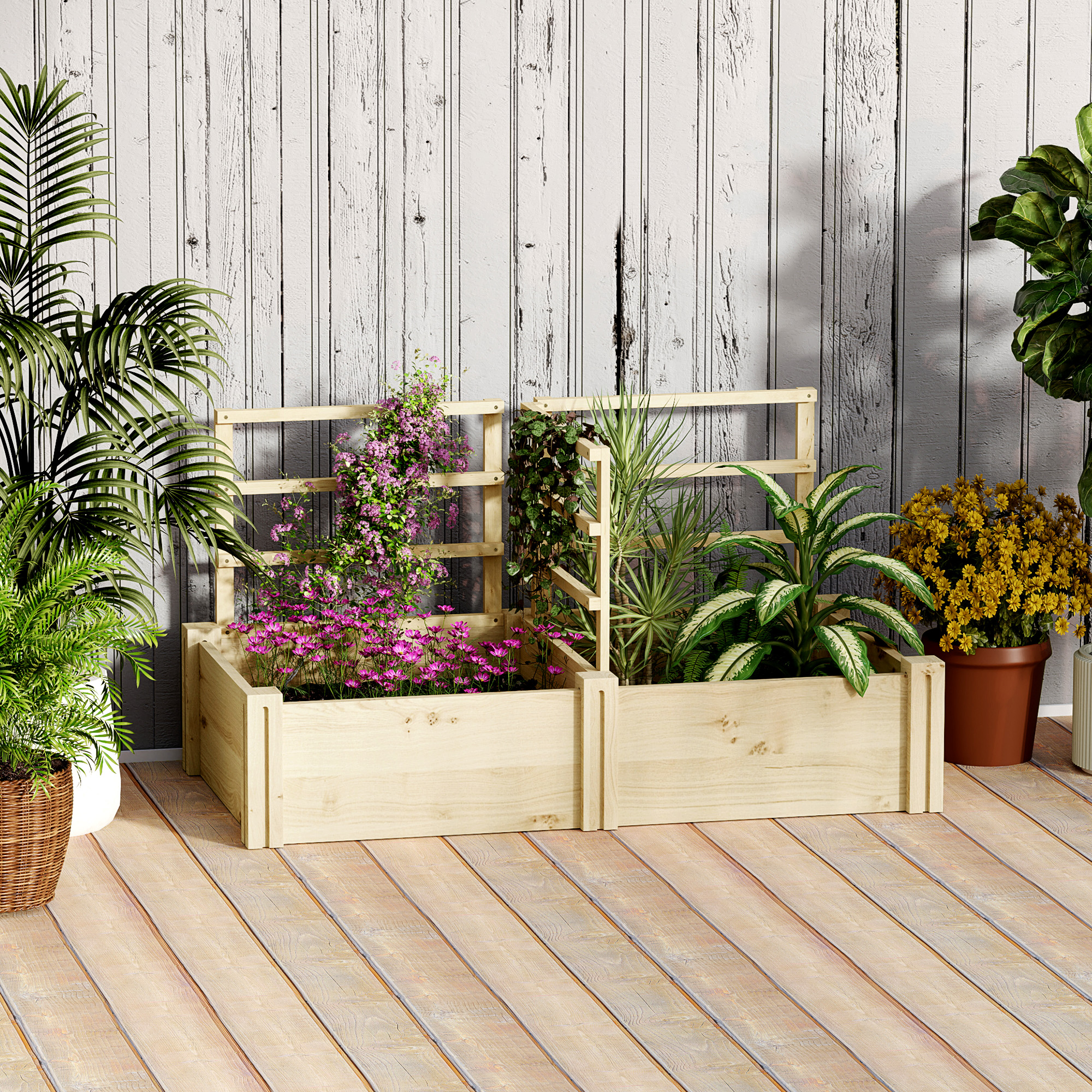  Jardiniera inaltata din Lemn cu 3 Suporturi pentru Plante, 119x62,5x64 cm, Natural [1]