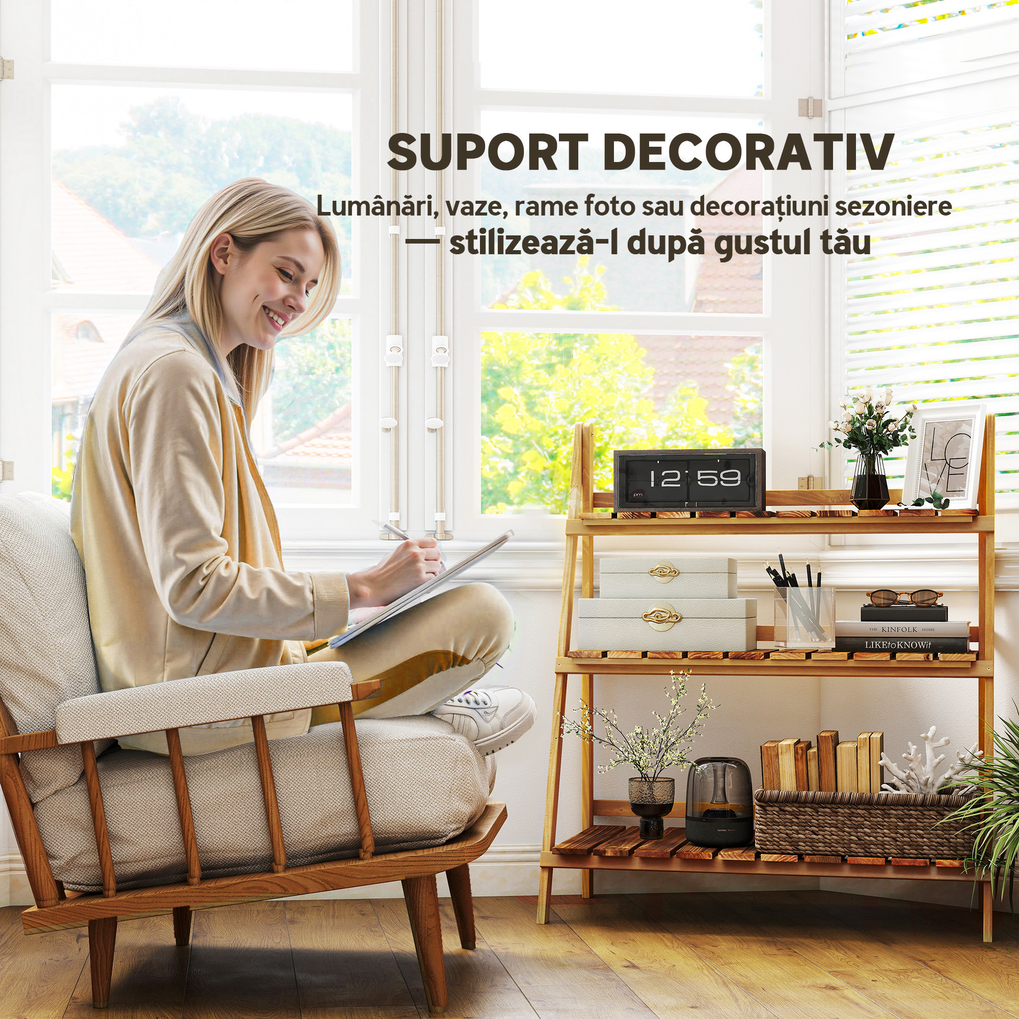  Suport pentru Plante Pliabil, Jardiniera cu 3 Niveluri, Raft de Exterior pentru Plante, 80x37x93 cm, Lemn Natural [5]