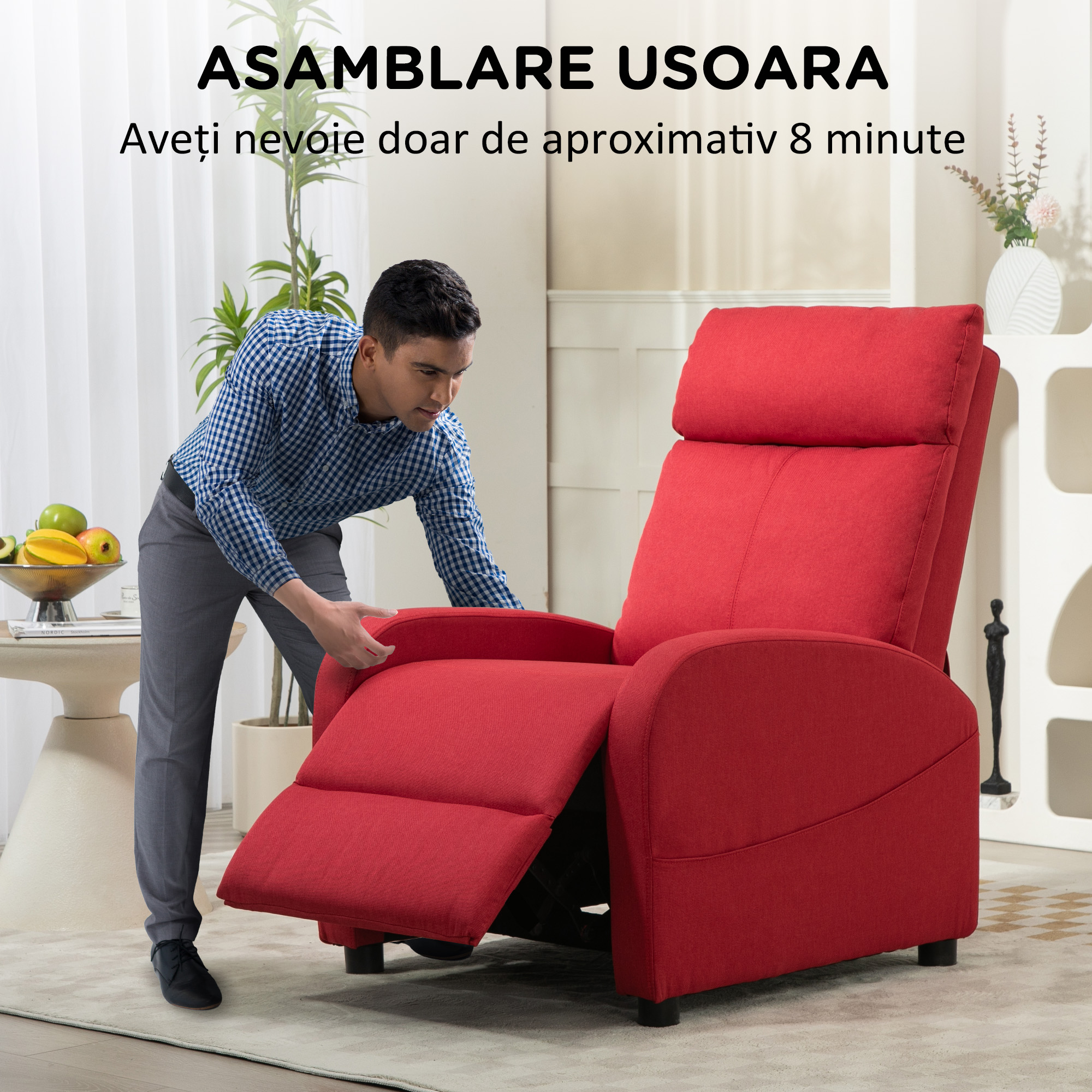  Fotoliu Rabatabil Manual cu Suport pentru Picioare din Material Textil cu Efect de In, 69x85x100 cm, Rosu Vin [5]