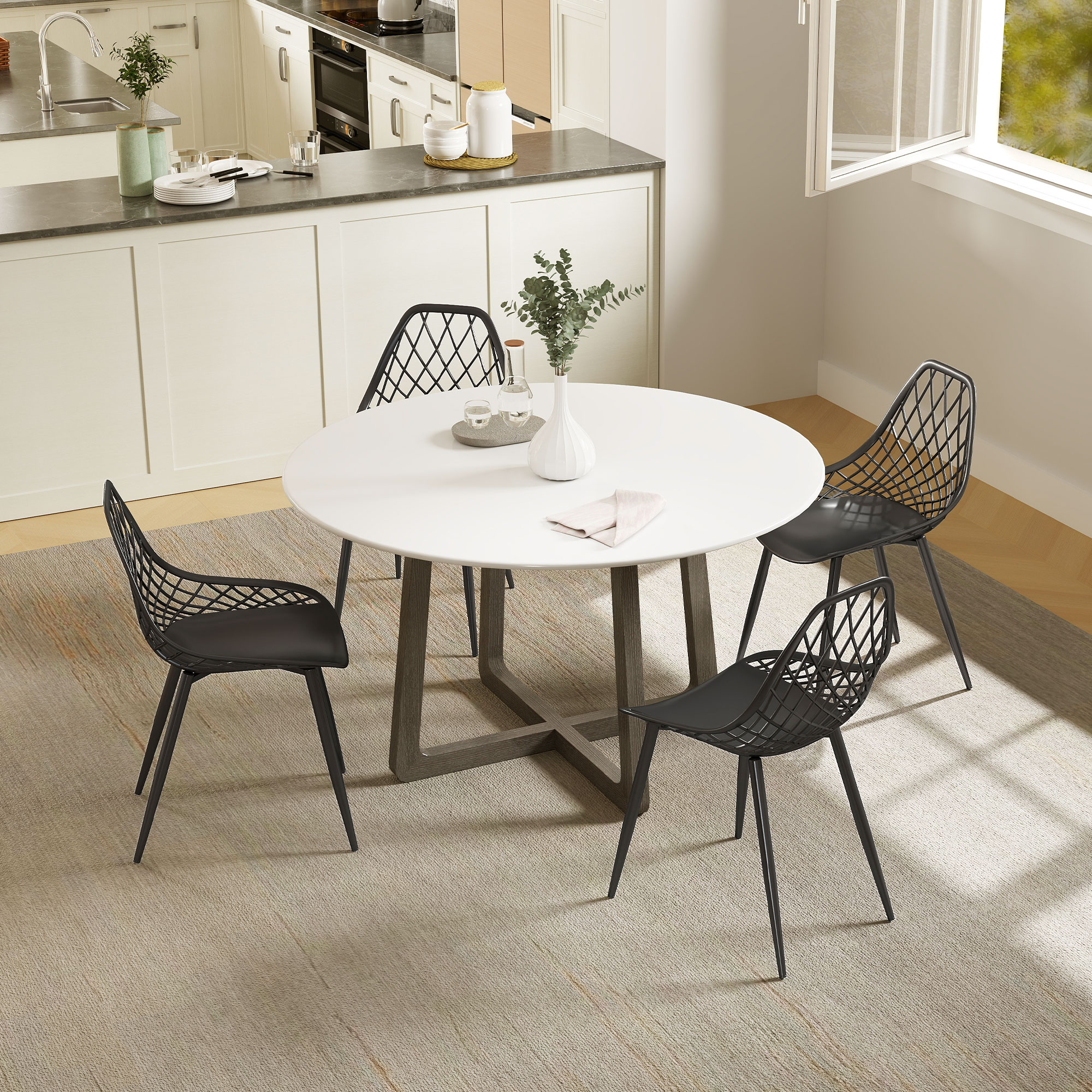  Set 4 Scaune Moderne cu Spatar Perforat Plastic si Metal Negru [6]