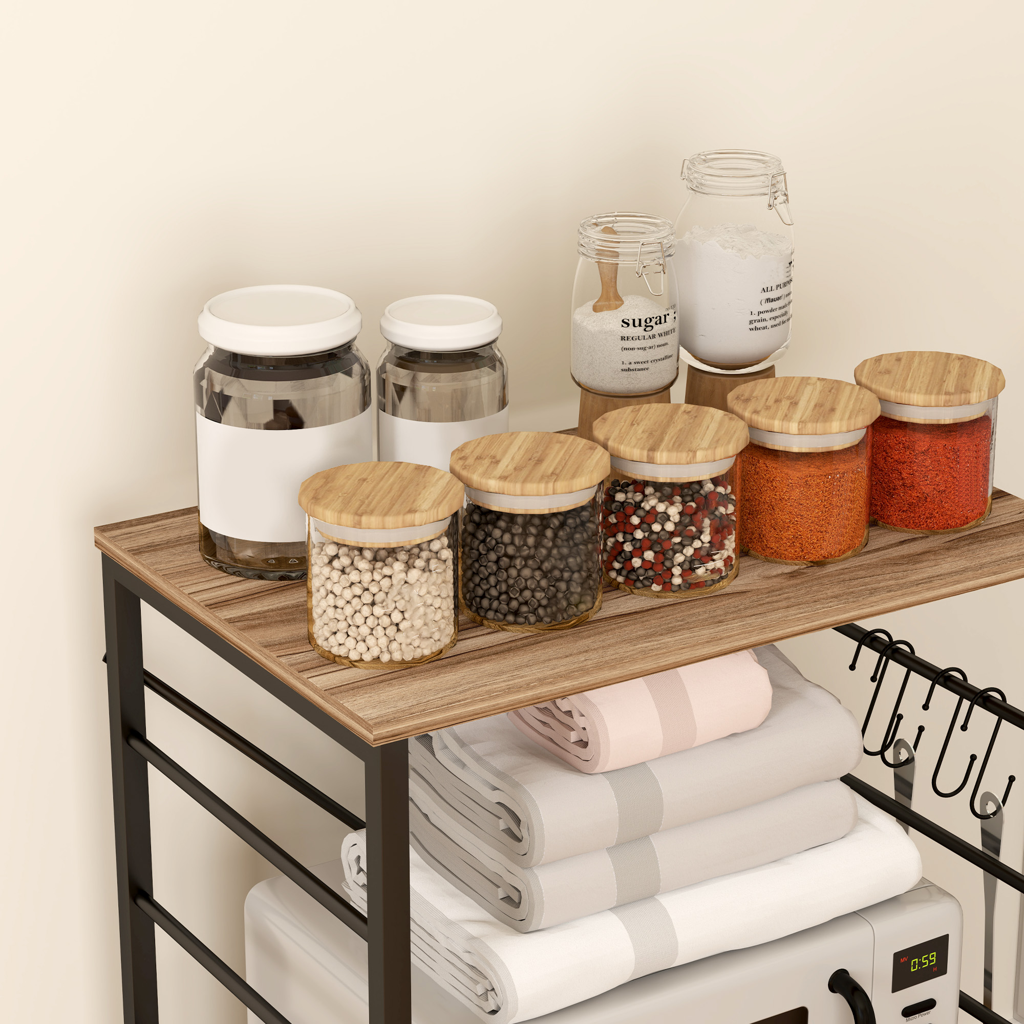  Raft de Bucatarie cu 3 Nivele, Roti si 4 Carlige, 60x40x84 cm, Lemn Natural [7]