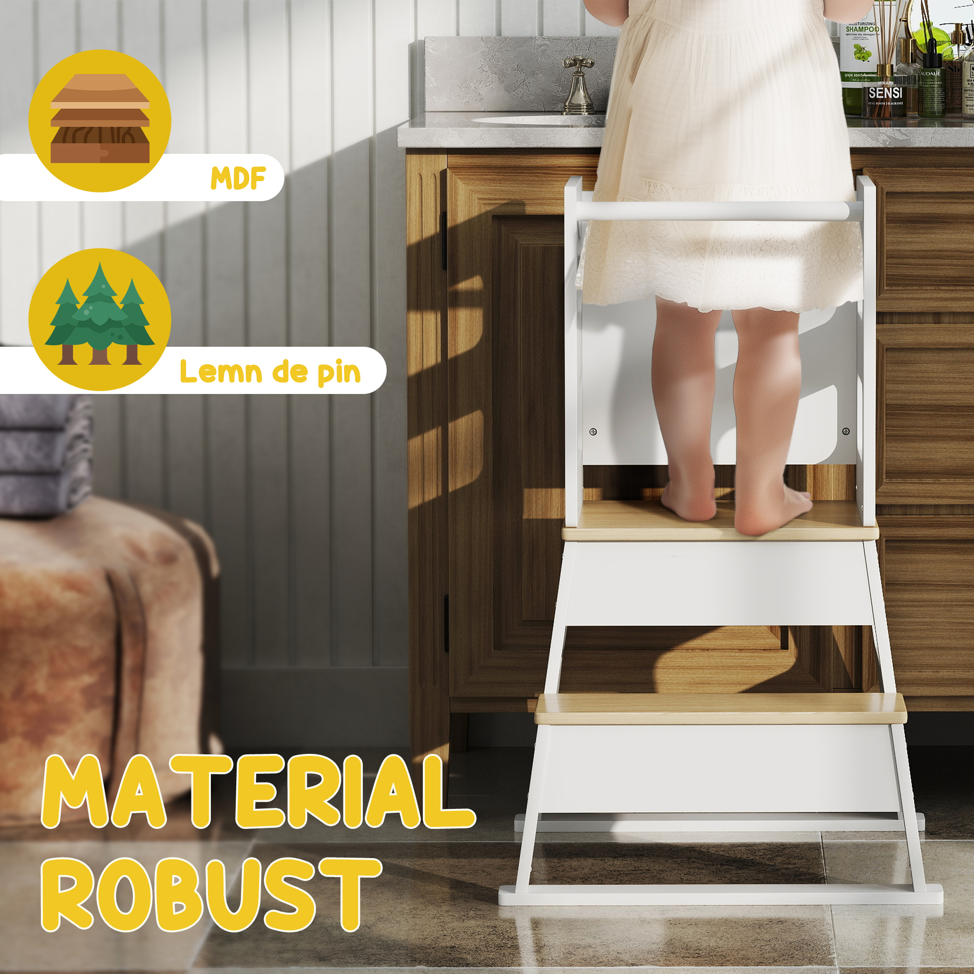  Turn de invatare pentru Copii 3-6 Ani cu Tabla si Balustrada de Siguranta, 55x52,5x87,5 cm, Alb [6]