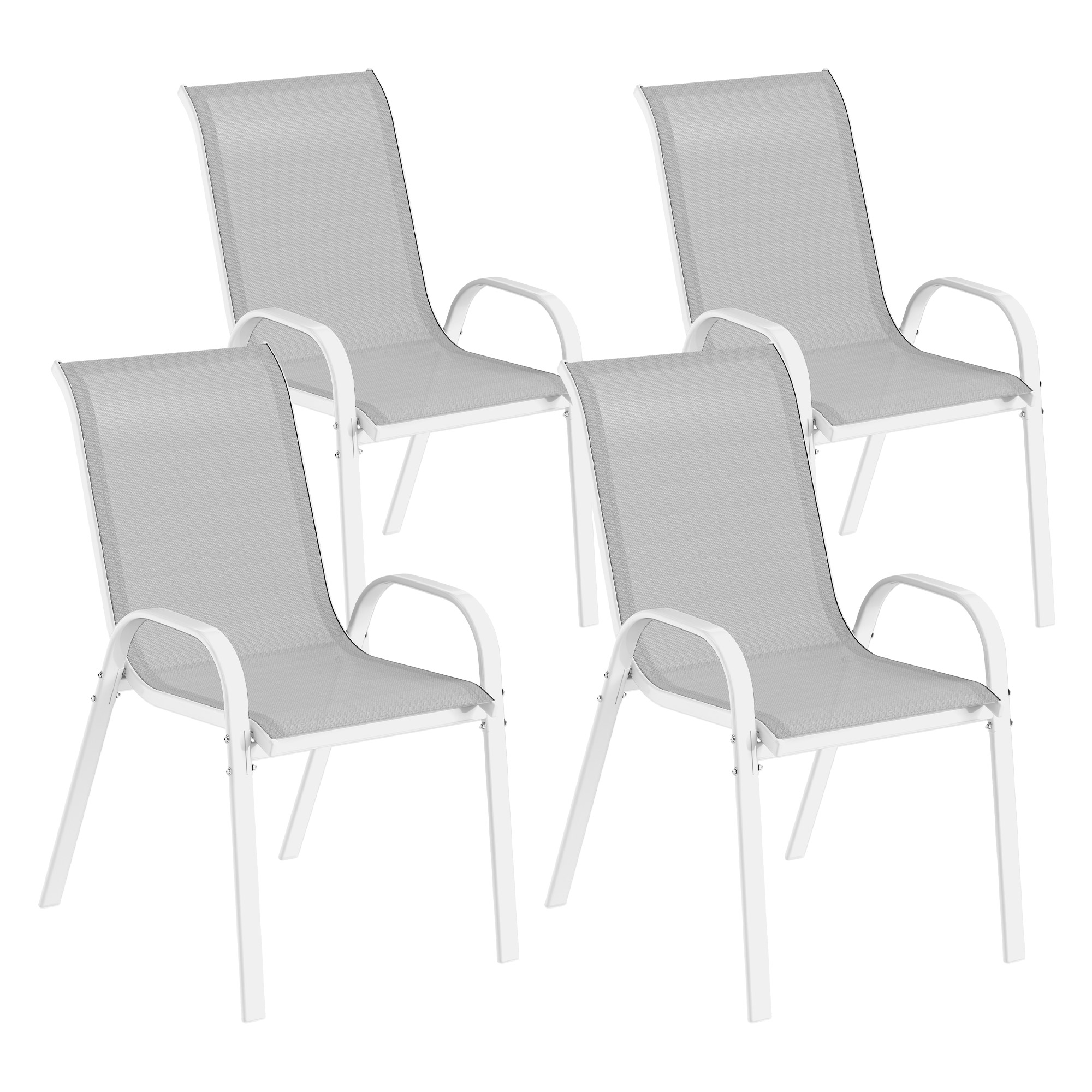 Gradina & balcon -  Set 4 Scaune de Gradina Stivuibile cu Brate Curbate, din Otel si tesatura Respirabila, 54x71x93 cm, Gri Alb
