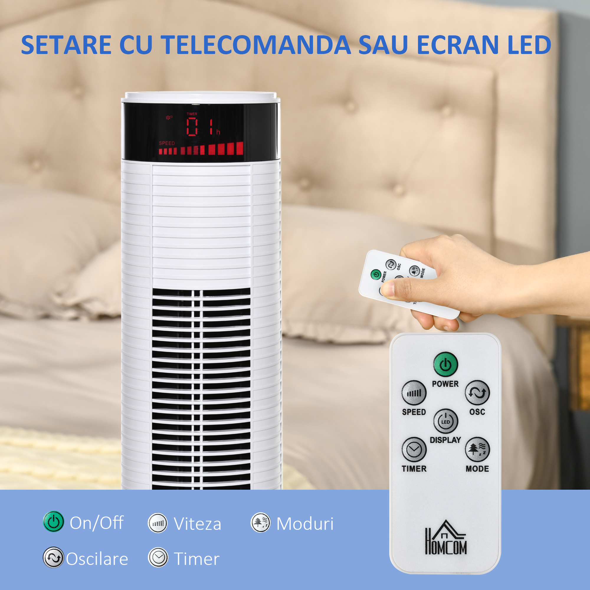  Ventilator Coloana cu 3 Viteze si 4 Moduri, Timer de12h, Panou LED si Telecomanda, Alb [6]