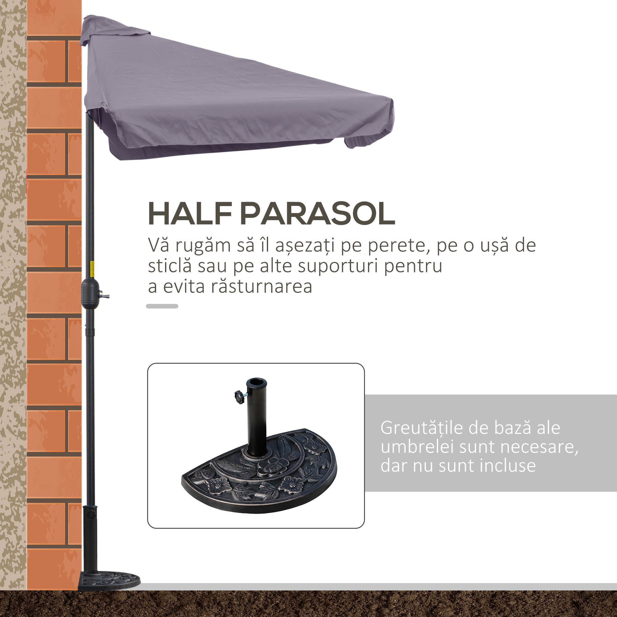  Umbrela semicirculara pentru gradina cu manivela, 230x130x249cm, Gri [5]