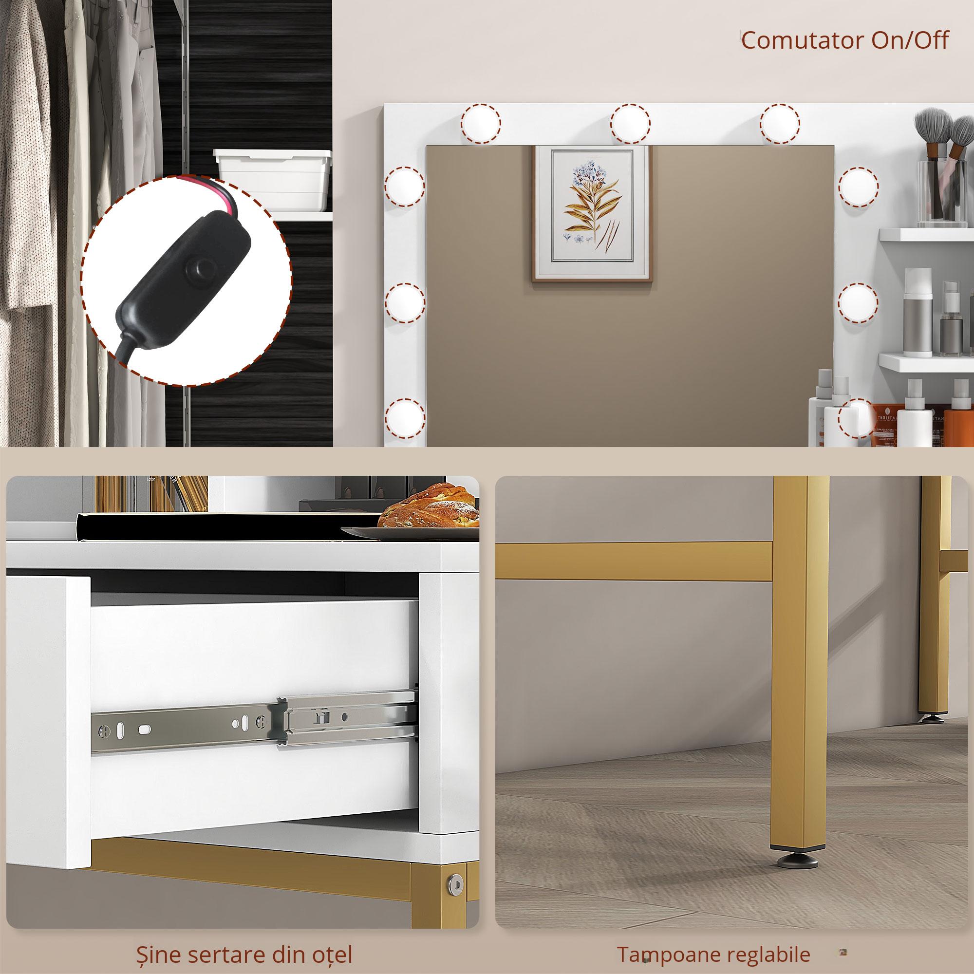  Masa de Machiaj cu Oglinda LED si Scaun, 2 Sertare, 5 Rafturi, pentru Baie, Alb [6]