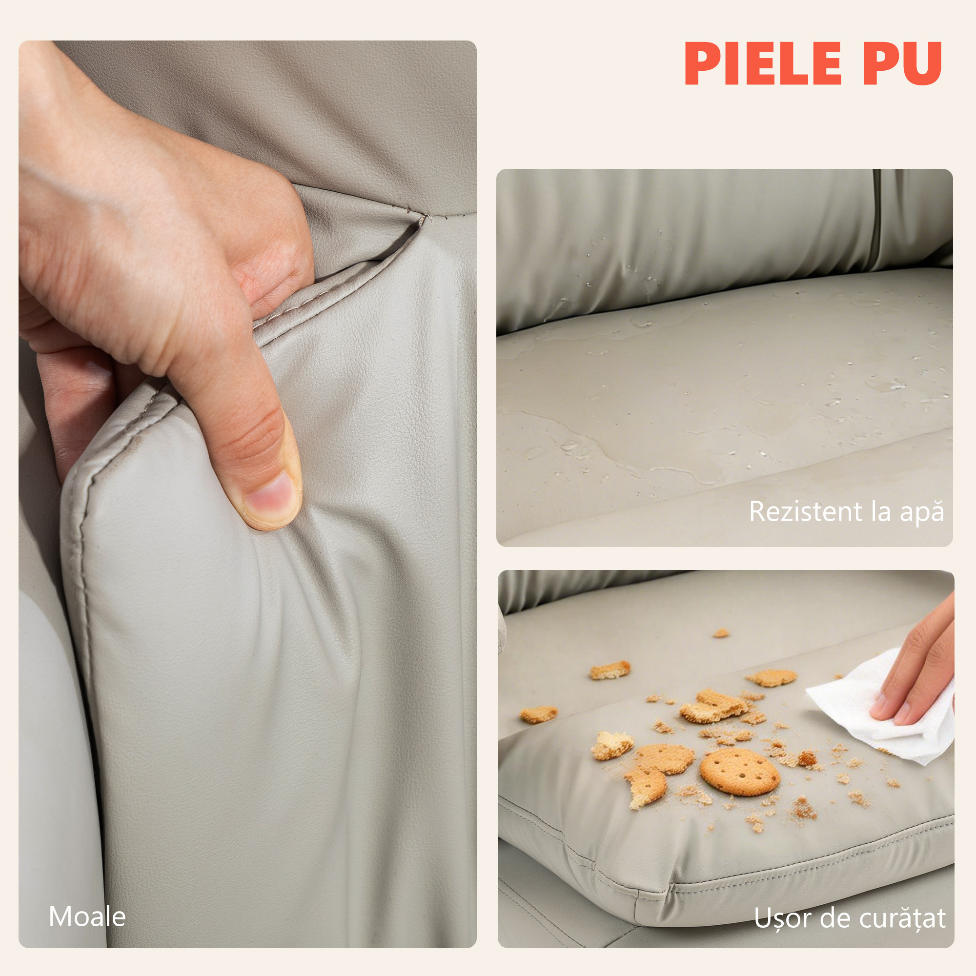 Scaun de birou  cu masaj in 6 puncte, functie de incalzire, rabatabil la 135° din piele sintetica, cu suport pentru picioare, brate captusite, spatar inalt, gri deschis [6]