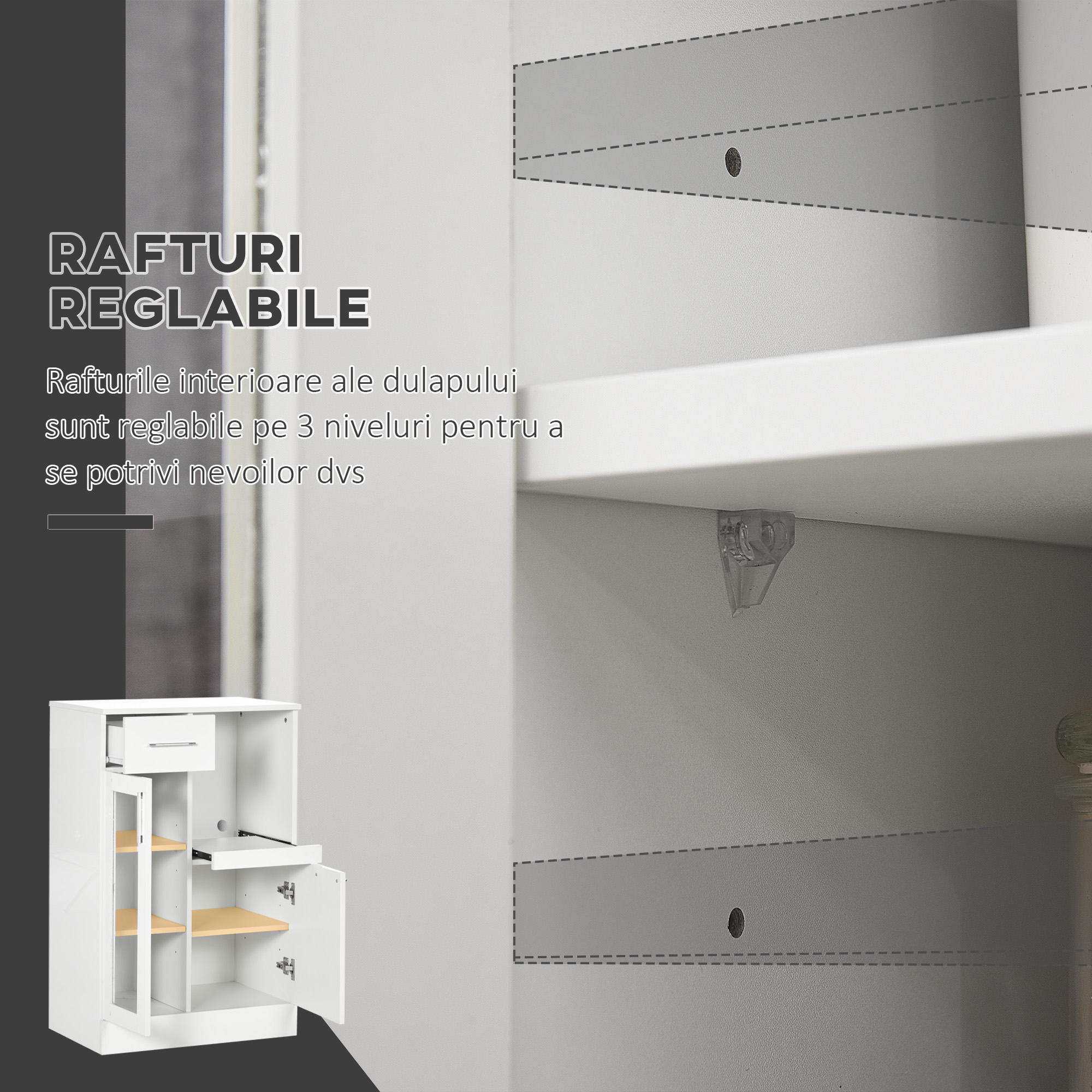  Bufet modern cu dulapuri si sertar, dulap de bucatarie cu economie de spatiu din lemn si sticla 60x40x95cm, alb [4]