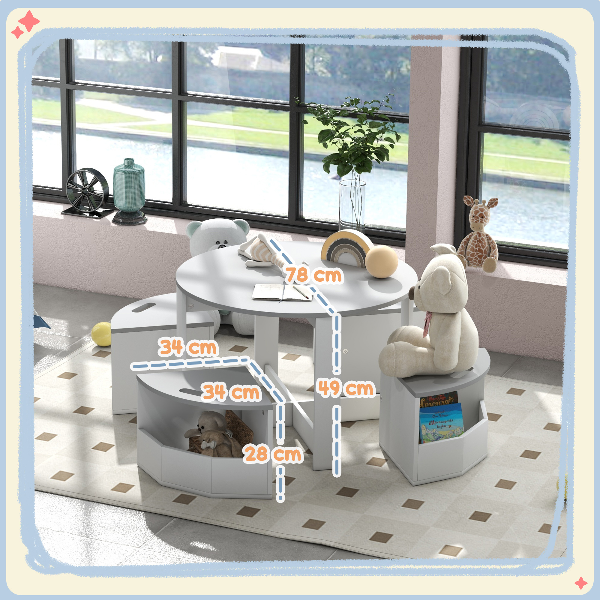  Set Masa si Scaun pentru Copii, Masa si Scaune pentru Copii din 5 Piese cu Depozitare, pentru Clasa, Cresa, Gradinita, 78x78x49 cm, Gri [2]