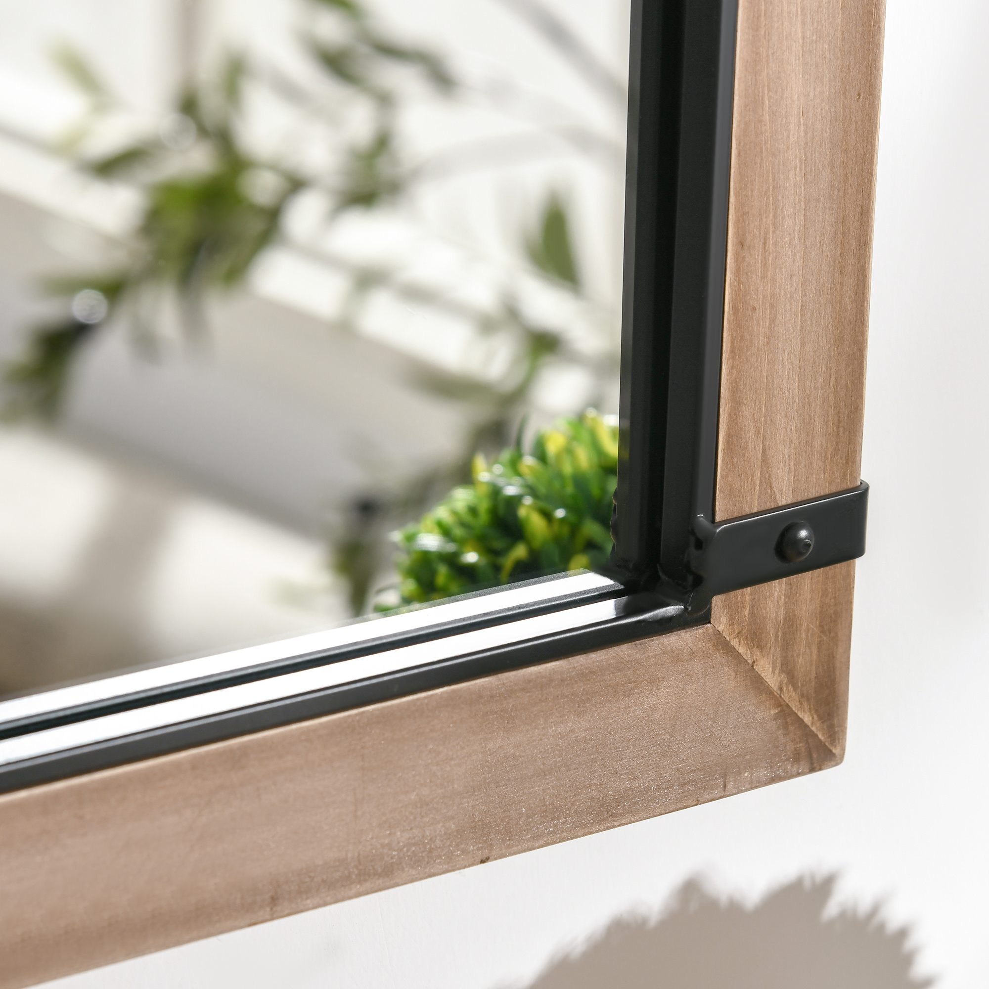  Oglinda de perete cu arcada, detalii moderne si carlige, din lemn si sticla, 60x93 cm, maro si negru [8]