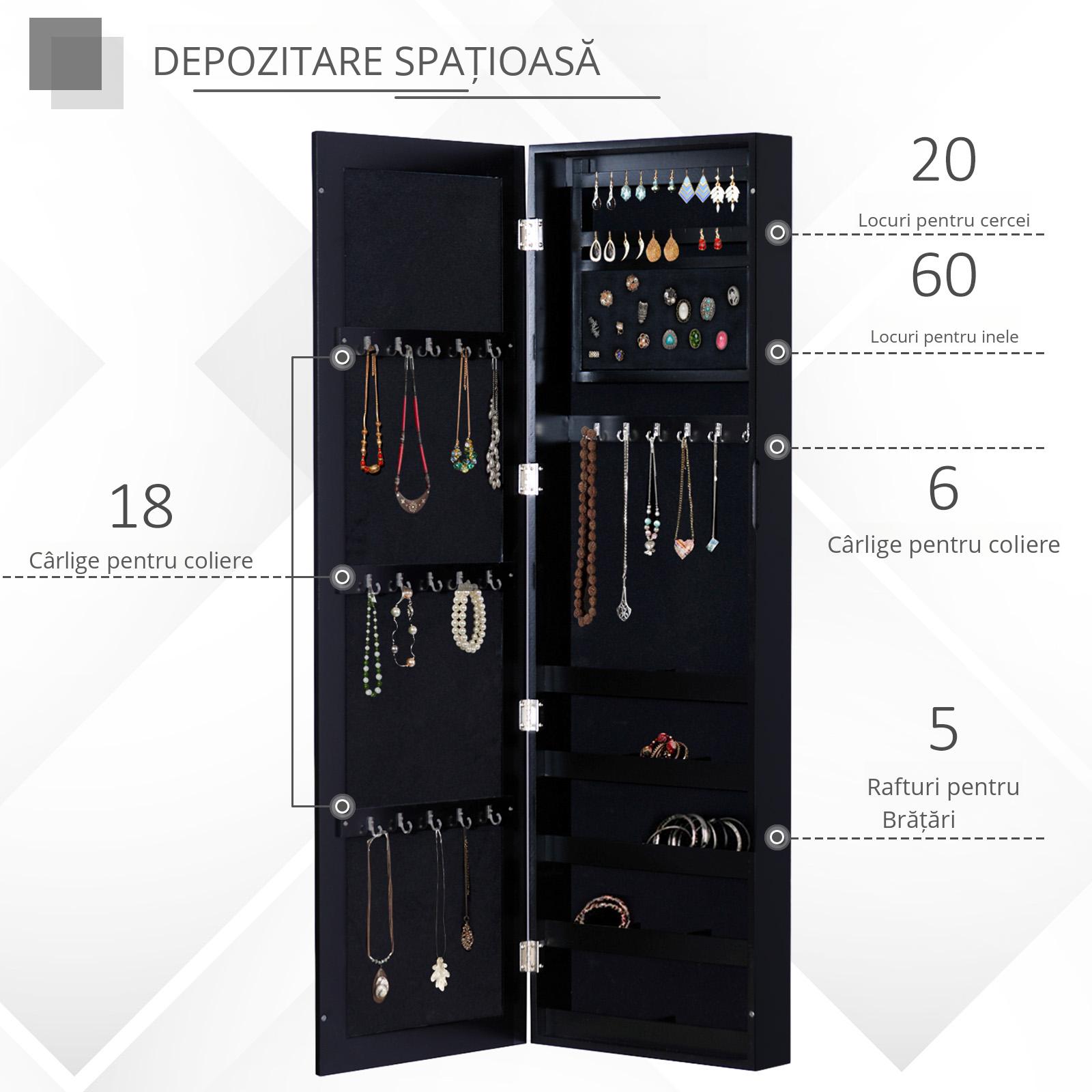  Dulap Bijuterii pentru Perete cu Oglinda din Lemn MDF, Negru,37x9.5x121cm [3]