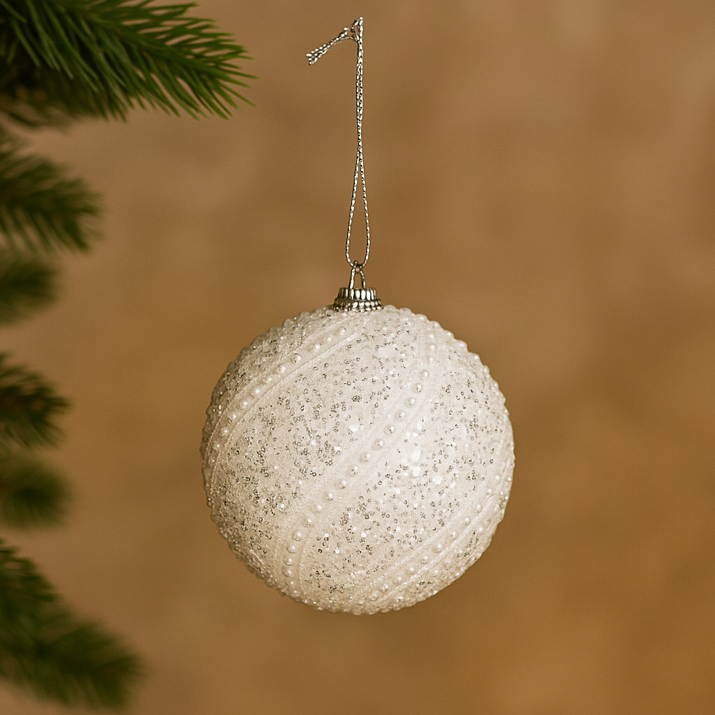 Set 12 globuri decorative cu sclipici si paiete, 3 modele asortate, diametru 8 cm, alb [3]