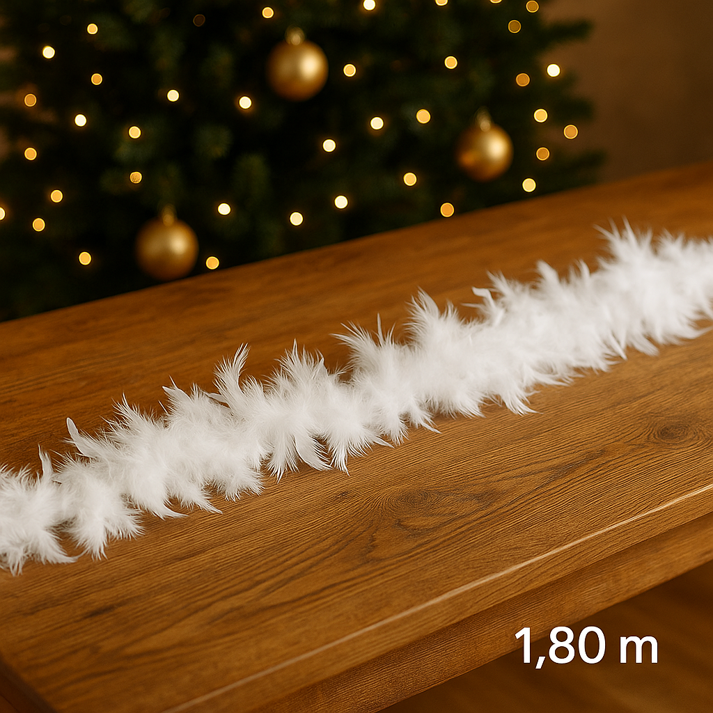 Ghirlanda pentru decor sau bradul de Craciun, model puf si pene, 180cm, alb [2]