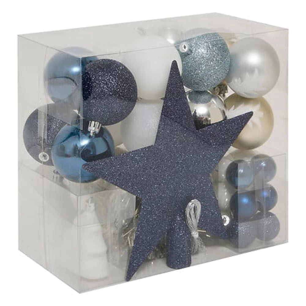Decoratiuni si figurine - Set decoratiuni Craciun, 44 piese, cu globuri, ghirlanda si varf de brad, albastru si alb
