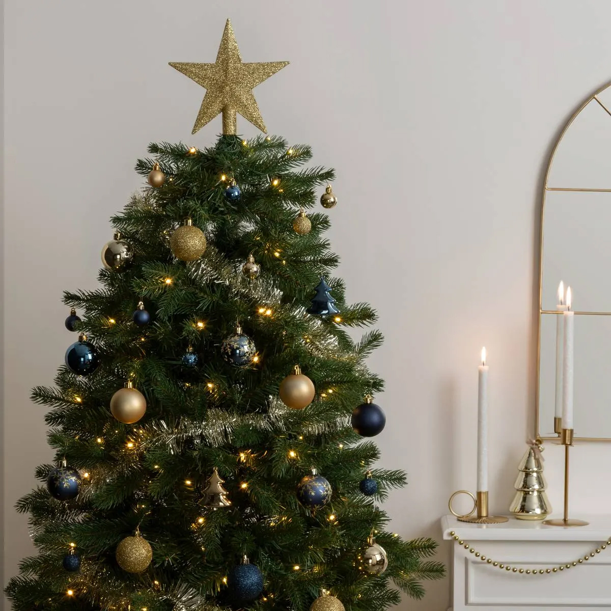 Set decoratiuni Craciun, 44 piese, cu globuri, ghirlanda si varf de brad, albastru si auriu [8]