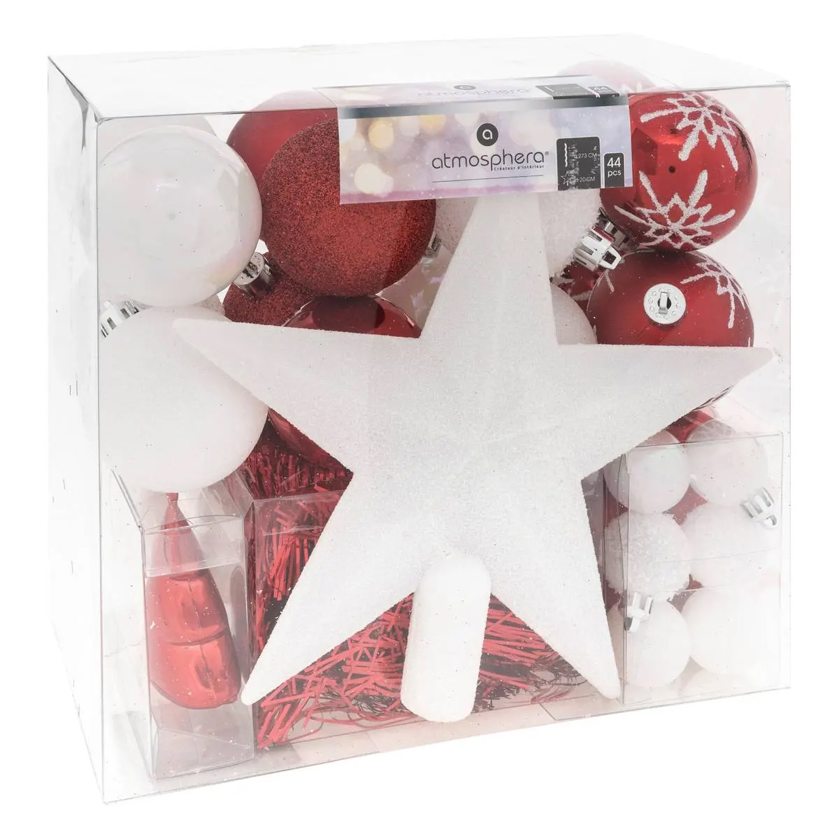 Decoratiuni si figurine - Set decoratiuni Craciun, 44 piese, cu globuri, ghirlanda si varf de brad, rosu si alb