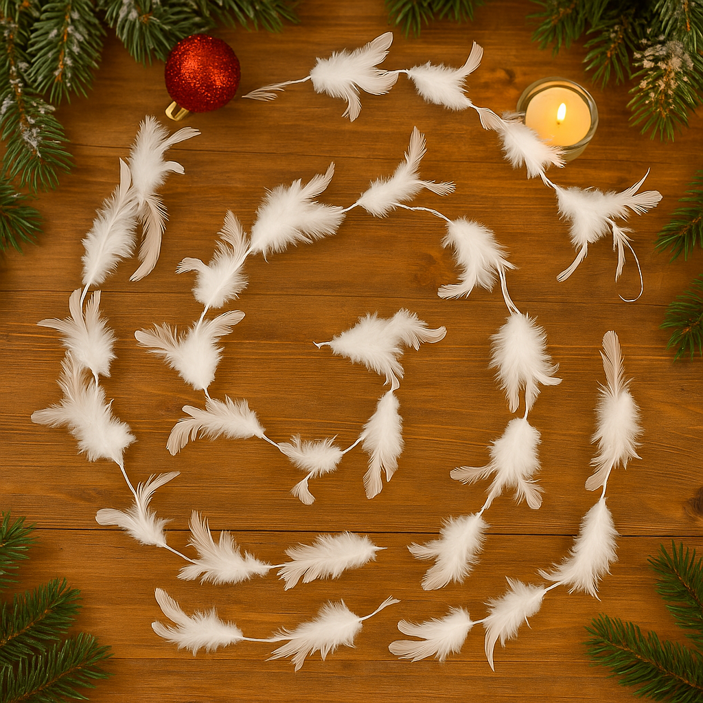 Decoratiuni si figurine - Ghirlanda pentru decor sau bradul de Craciun, model puf si pene, 200cm, alb