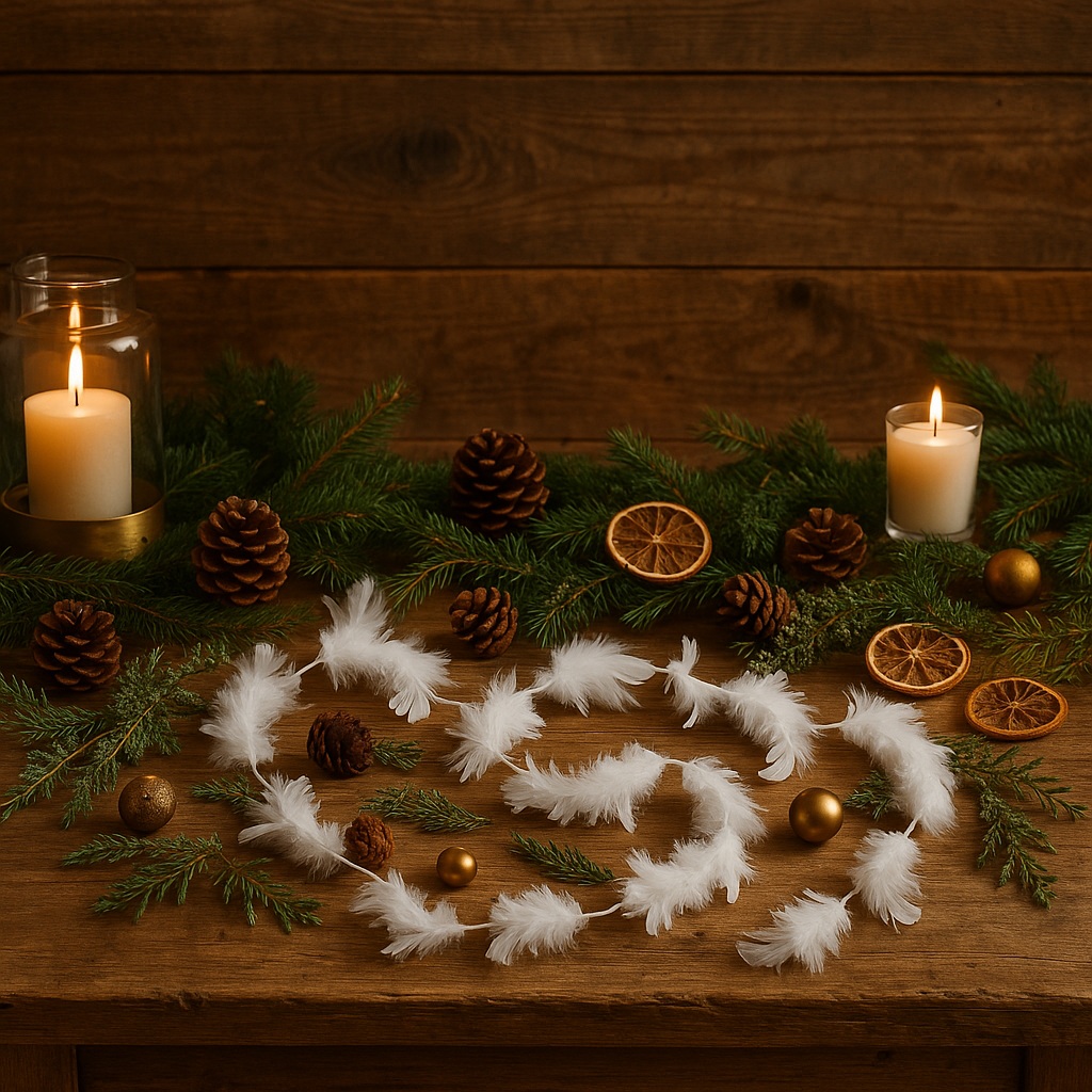 Ghirlanda pentru decor sau bradul de Craciun, model puf si pene, 200cm, alb [4]