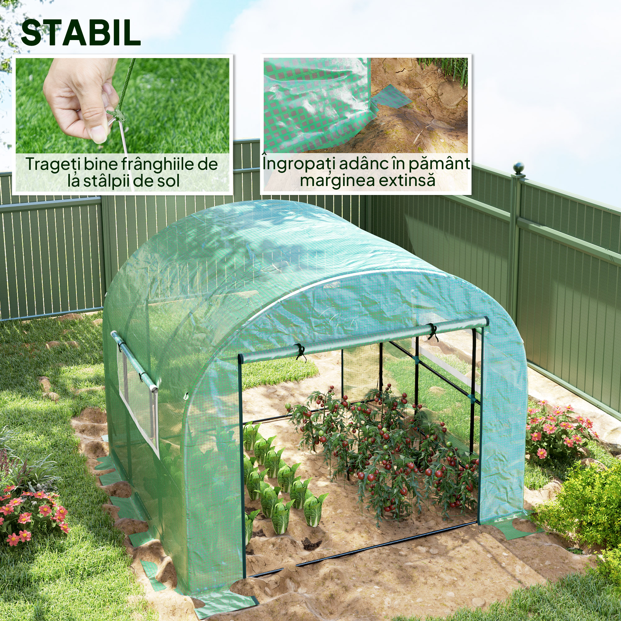  Sera tip tunel pentru gradina 3x3x2 m din otel si PE anti-UV cu usi rulabile si ferestre, verde [6]