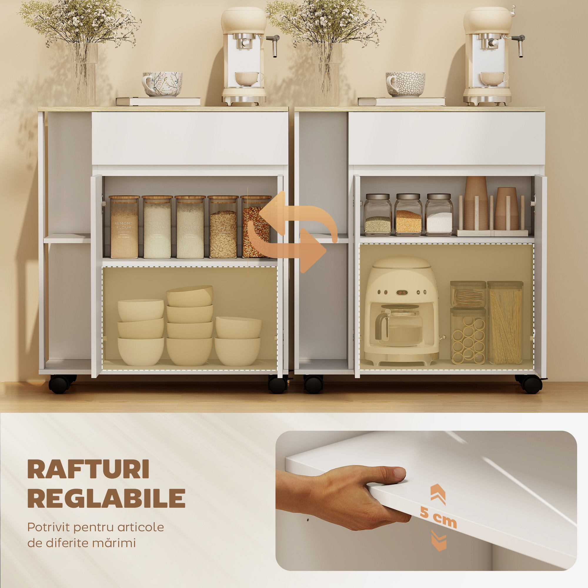  Carut de Bucatarie cu Sertar, Dulap si 2 Rafturi Laterale, din Lemn, 78x39,5x88,5 cm, Alb si Stejar [5]