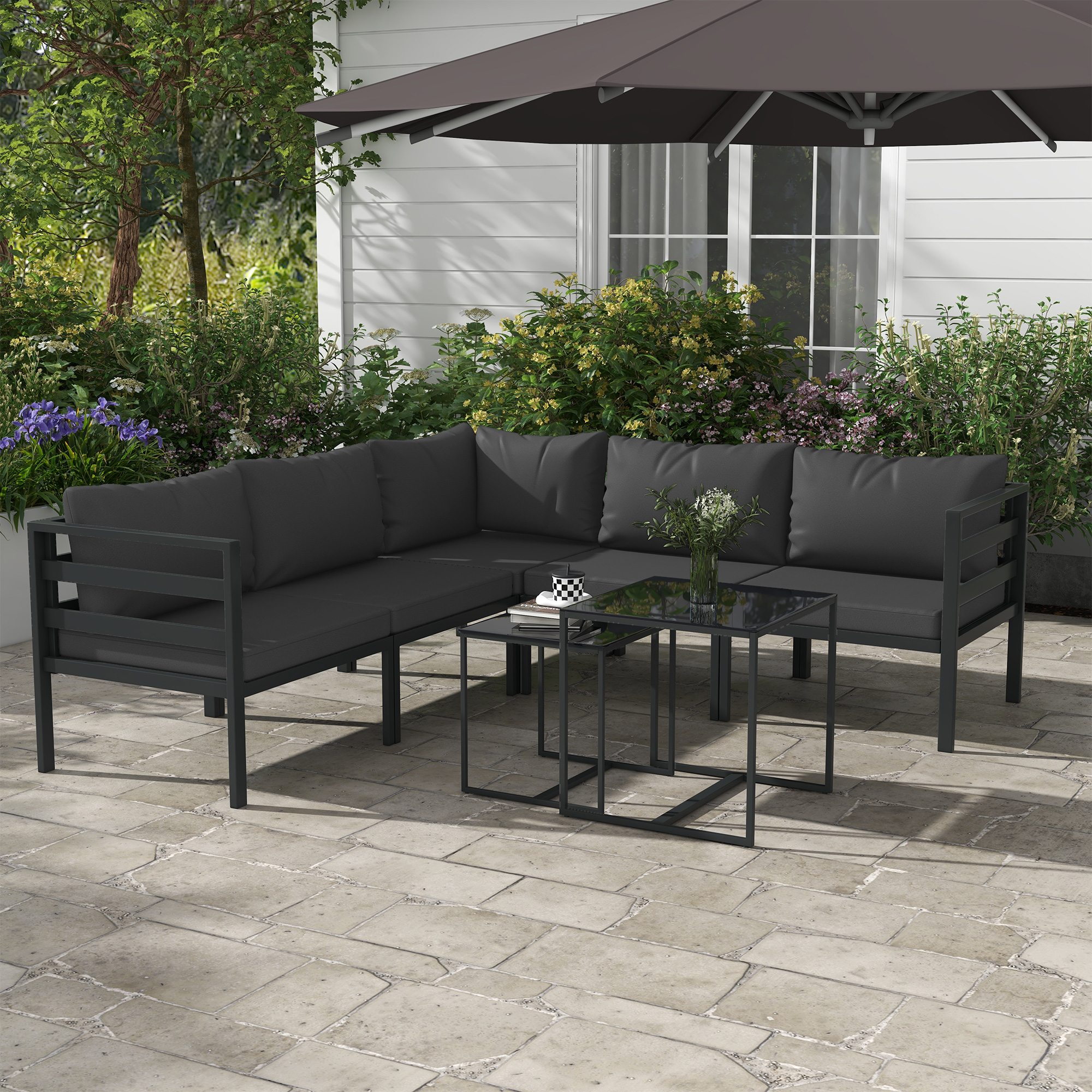  Set de Mobilier de Gradina din 7 Piese cu Canapea de Colt, Masa de Cafea, Set de Mobilier Sectional, Gri [1]