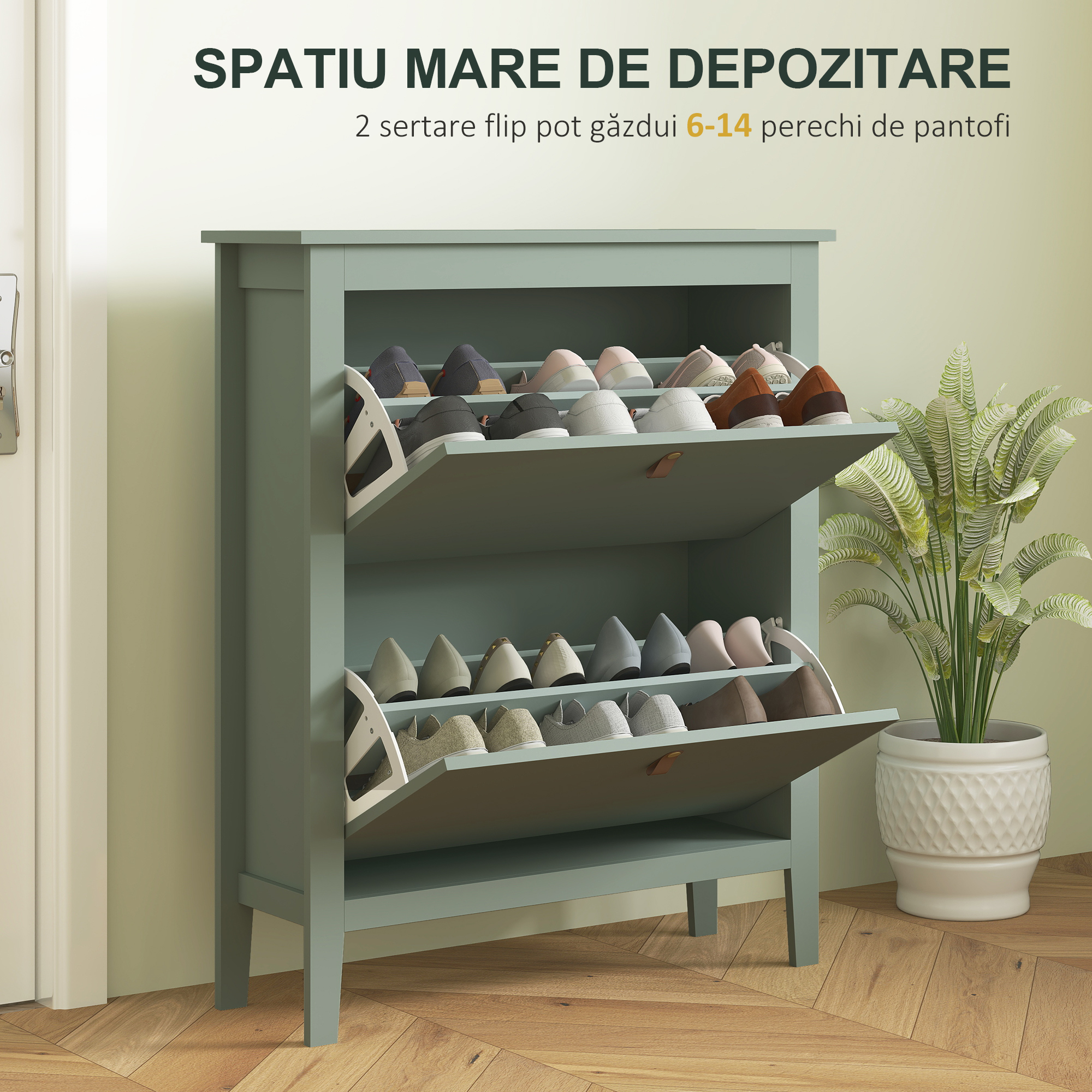  Pantofar cu 2 Sertare Rabatabile pentru 14 Perechi de Pantofi si Rafturi Reglabile, 80x24x95.5 cm, Verde [3]