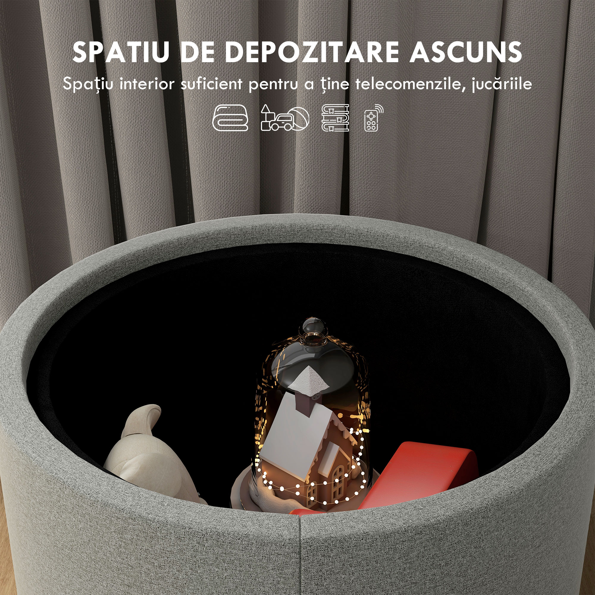  Taburet otoman rotund cu capac rabatabil stil tava, Tabure [4]