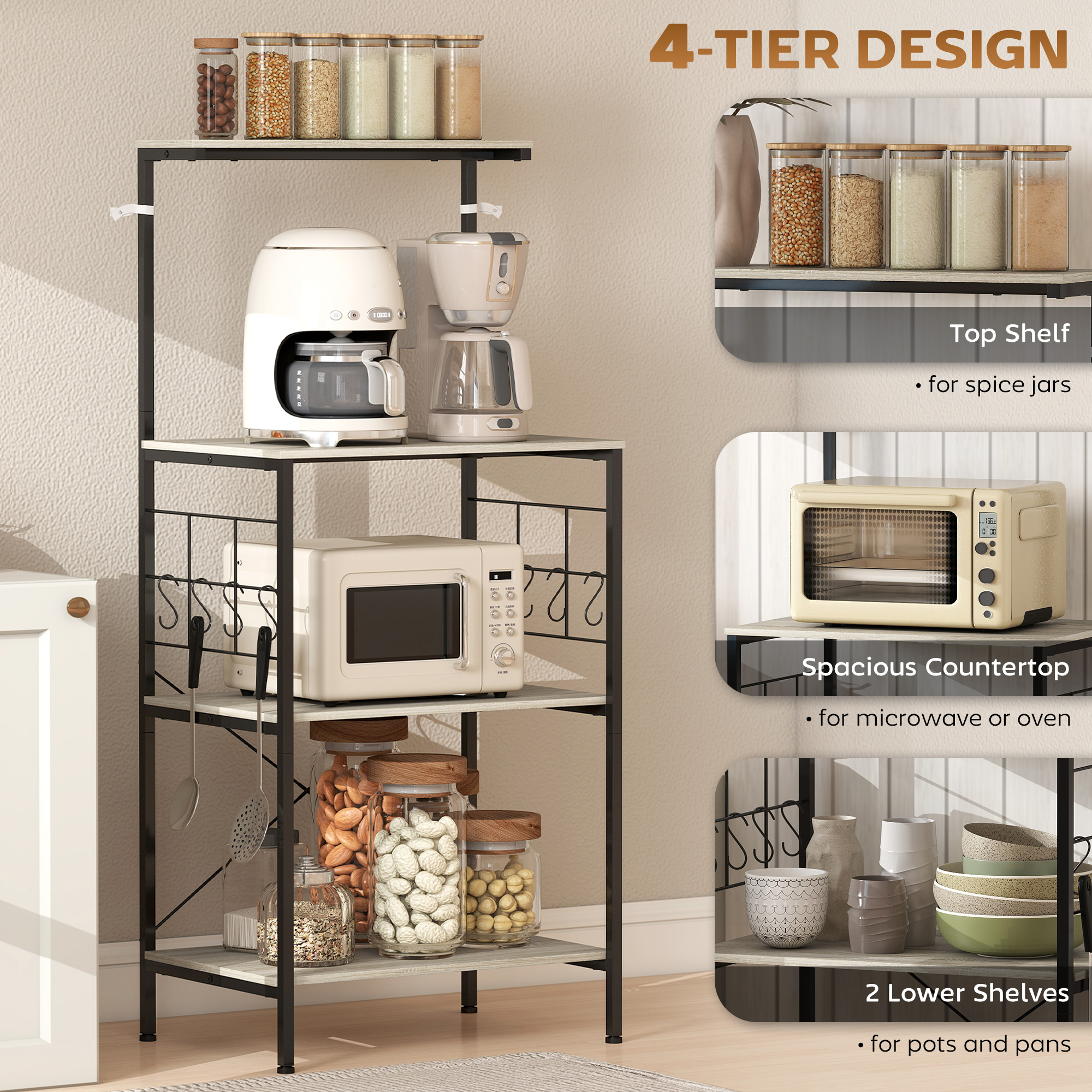  Raft de Bucatarie Stil Industrial cu 4 Nivele si 8 Carlige Stejar [3]