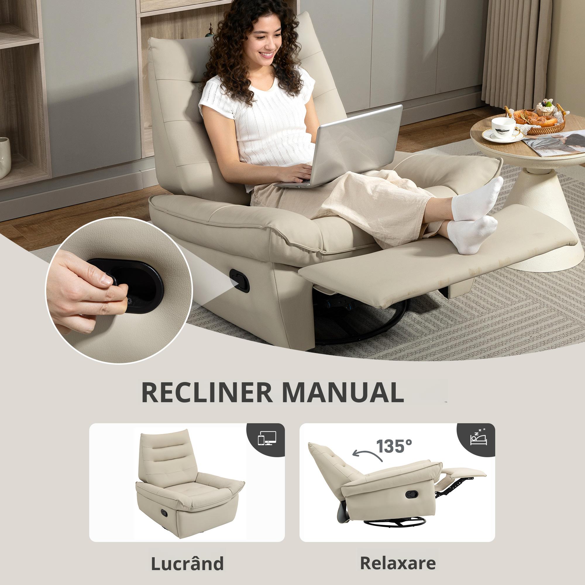  Fotoliu Relax Reclinabil Manual cu Suport pentru Picioare si Baza Rotativa Fara Brate, Crem [8]