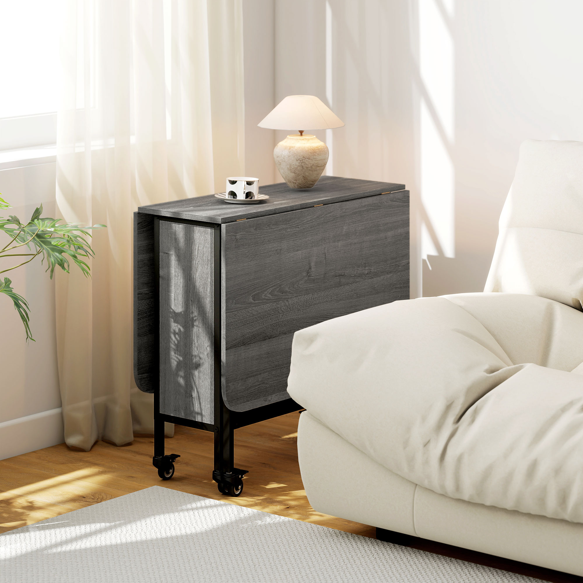  Masa de dining pliabila pentru maximum 6 persoane, cu raft, din lemn si metal, 130x80x74 cm, gri [8]