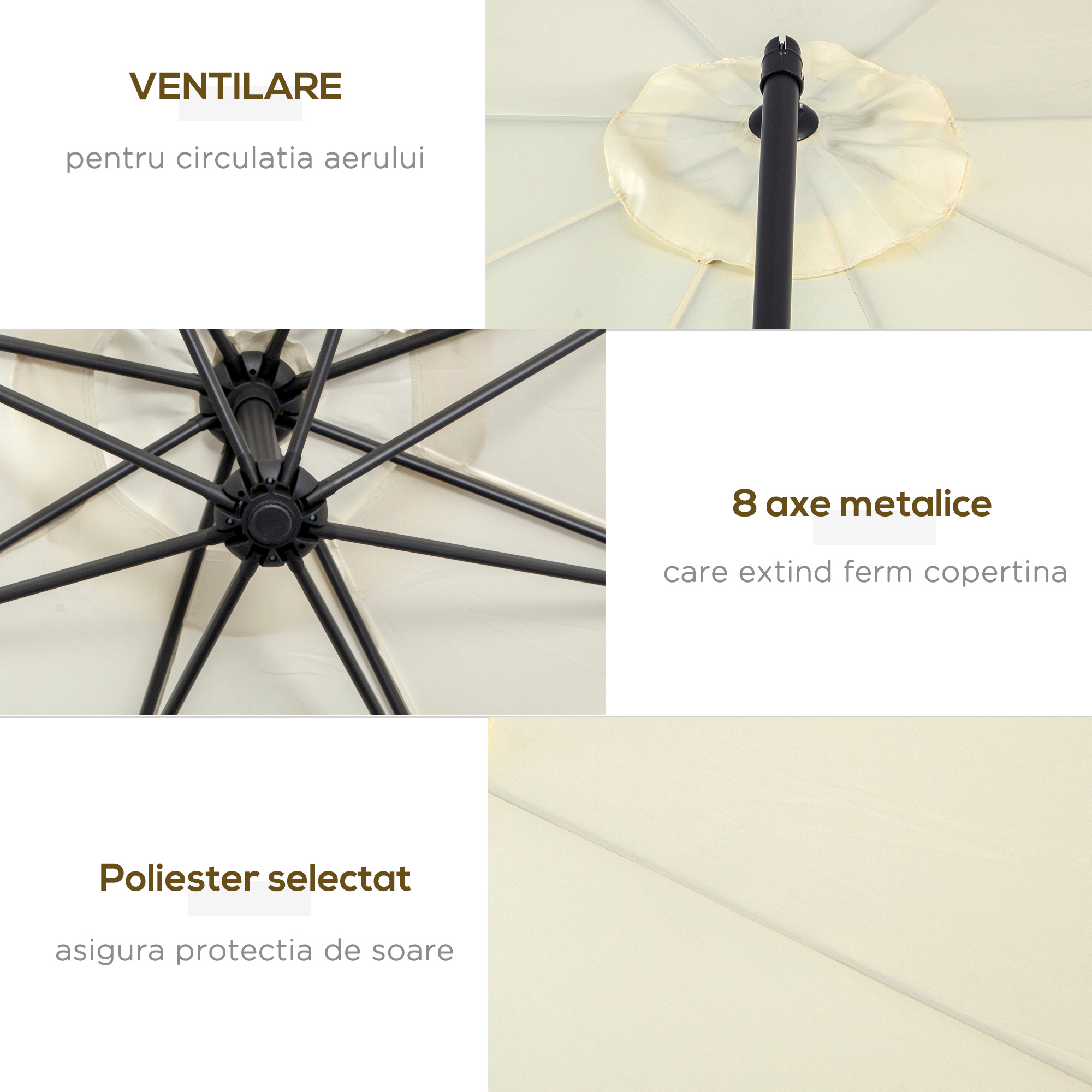  Umbrela de Soare Excentrica cu Baza in Cruce Inclusa, din Metal si Poliester, 3x2,5 m, Bej [5]