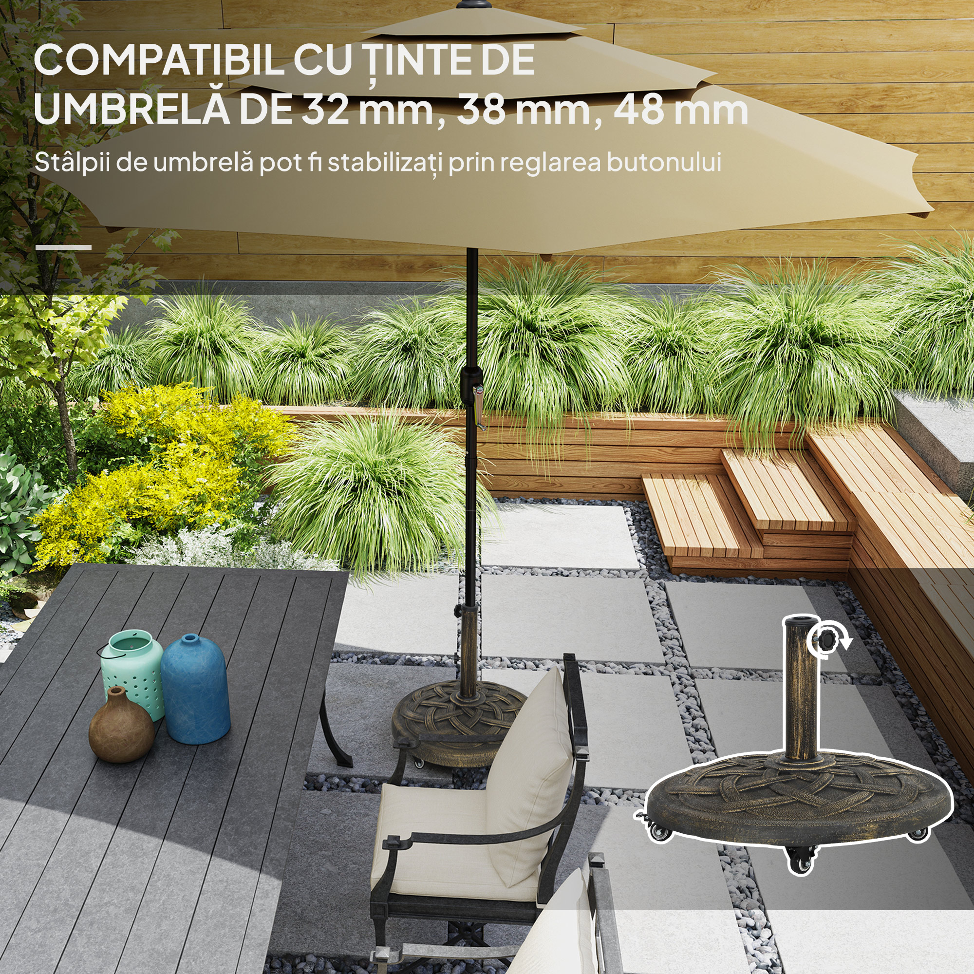  Baza Rotunda pentru Umbrela cu Roti, Baza Ponderata de 20 kg din Rasina, Suport pentru Umbrele de 3,3 cm/3,8 cm/4,8 cm pentru Exterior, Gradina, Piscina, Bronz [3]