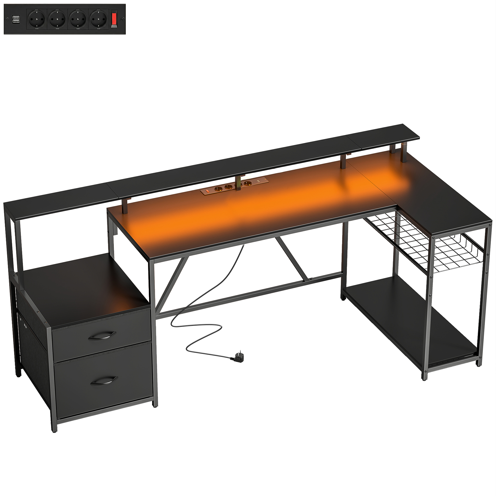 Dormitor & birou -  Birou Gaming Reversibil in Forma de L cu LED, 192,5cm Birou Coltar cu Prize Electrice, Suport Monitor si CPU, 2 Sertare din Material Textil pentru Documente A4/Legal, pentru Casa Birou Studio, Negru