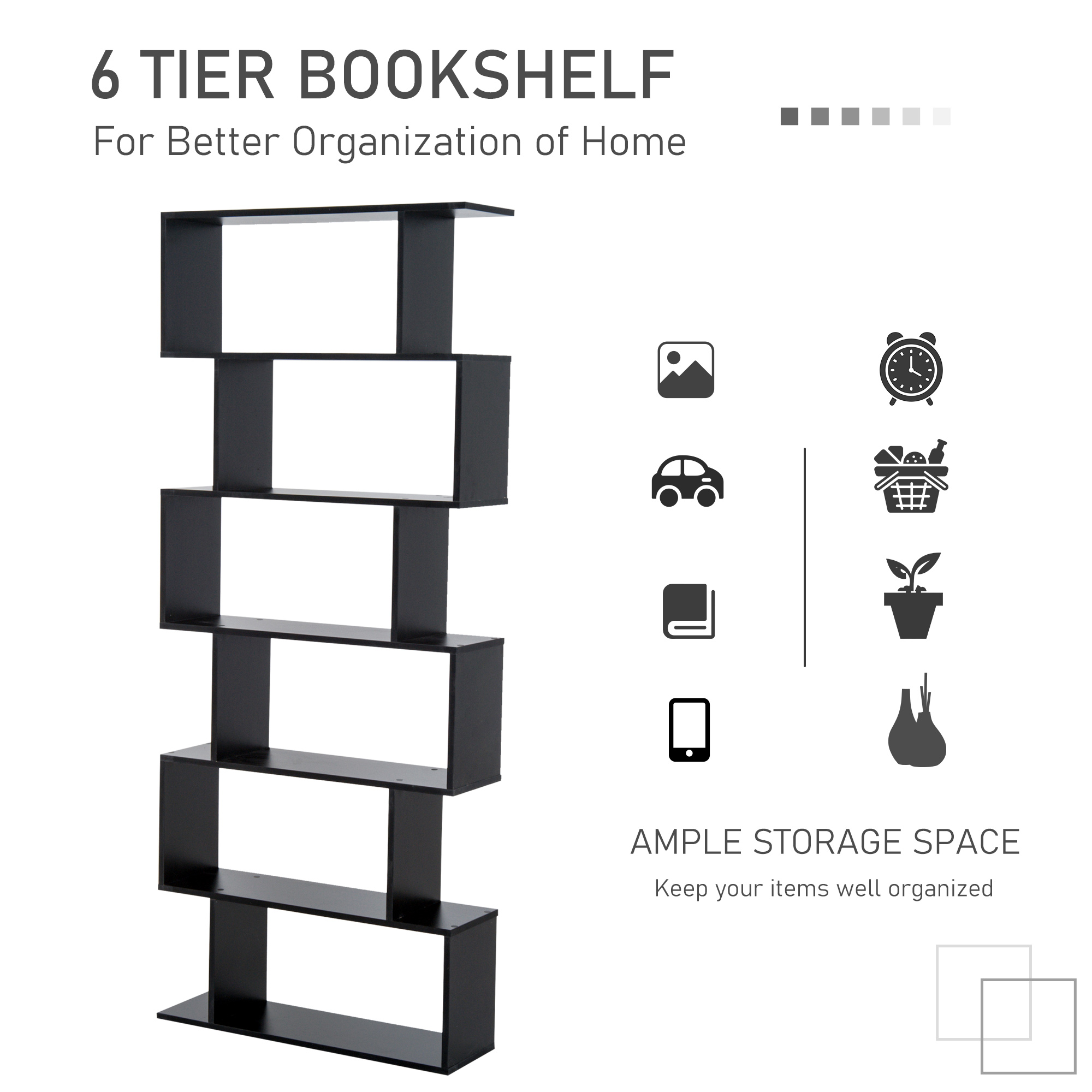  Biblioteca din Lemn, Design Modern cu 6 Rafturi, 80x23x192 cm, Negru [5]