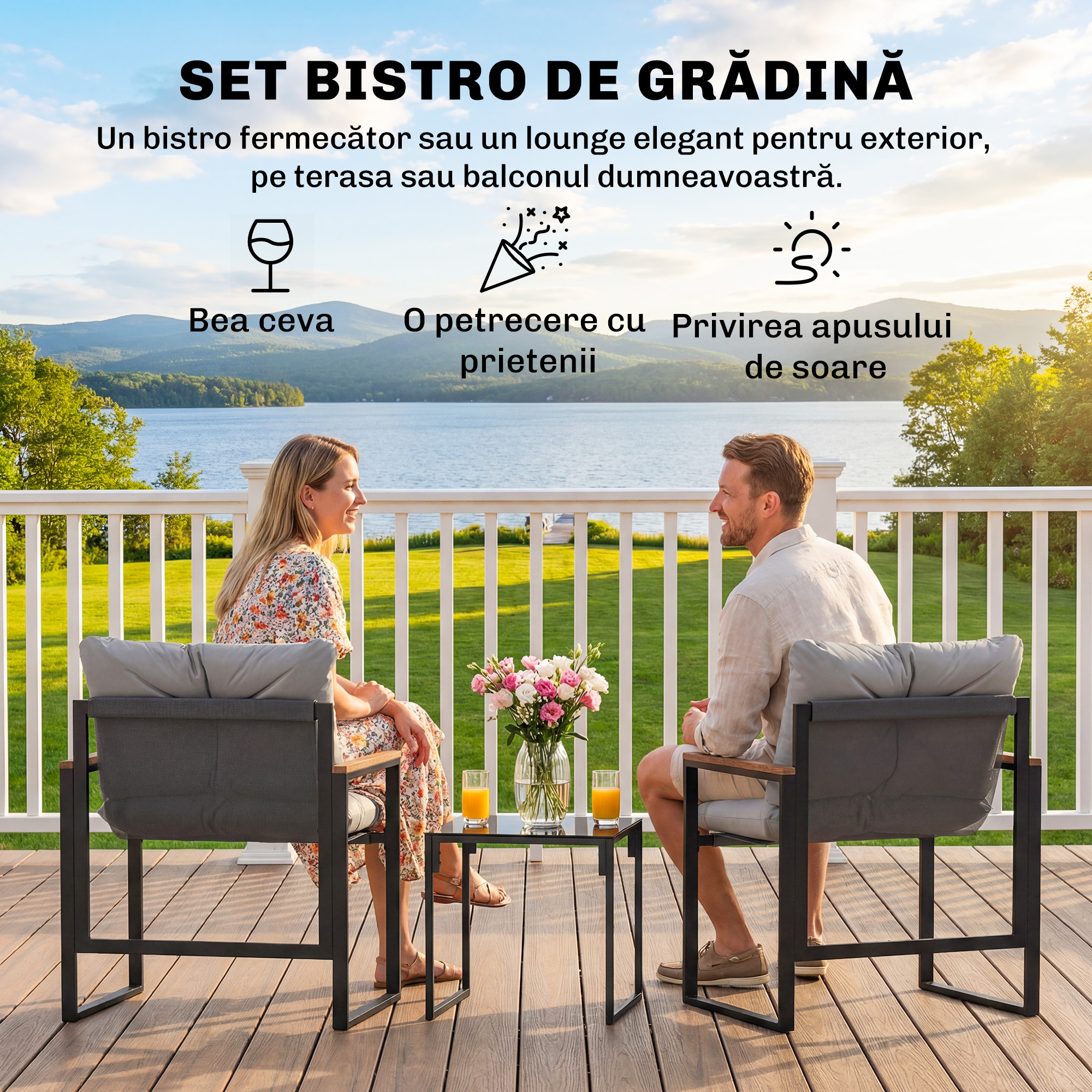  Set Bistro pentru 2 Persoane, Set din 3 Piese pentru Gradina cu Cadrul din Metal si Perne Groase [3]
