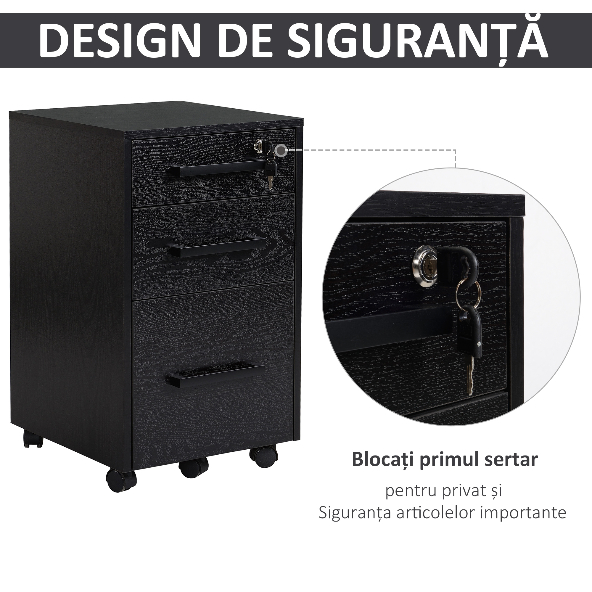  Comoda Birou Neagra - 3 Sertare cu Roti 39×40×65,4 cm [4]