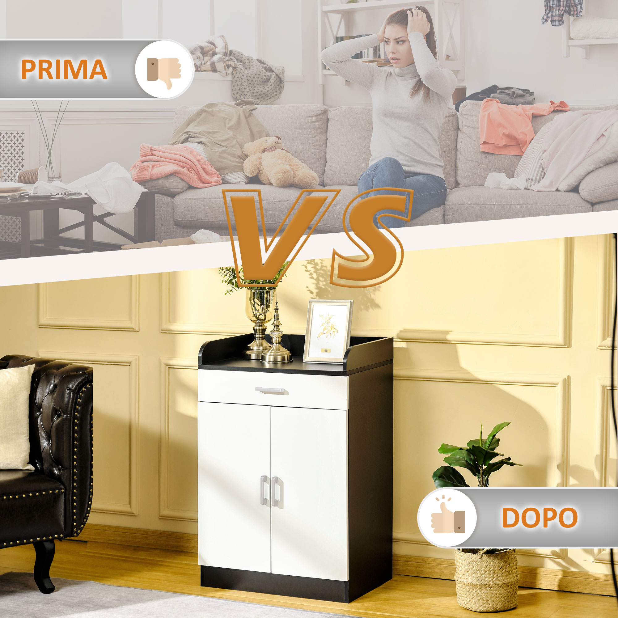  Dulap cu sertar si raft reglabil, din MDF, 60x40x90cm, Alb Negru [7]