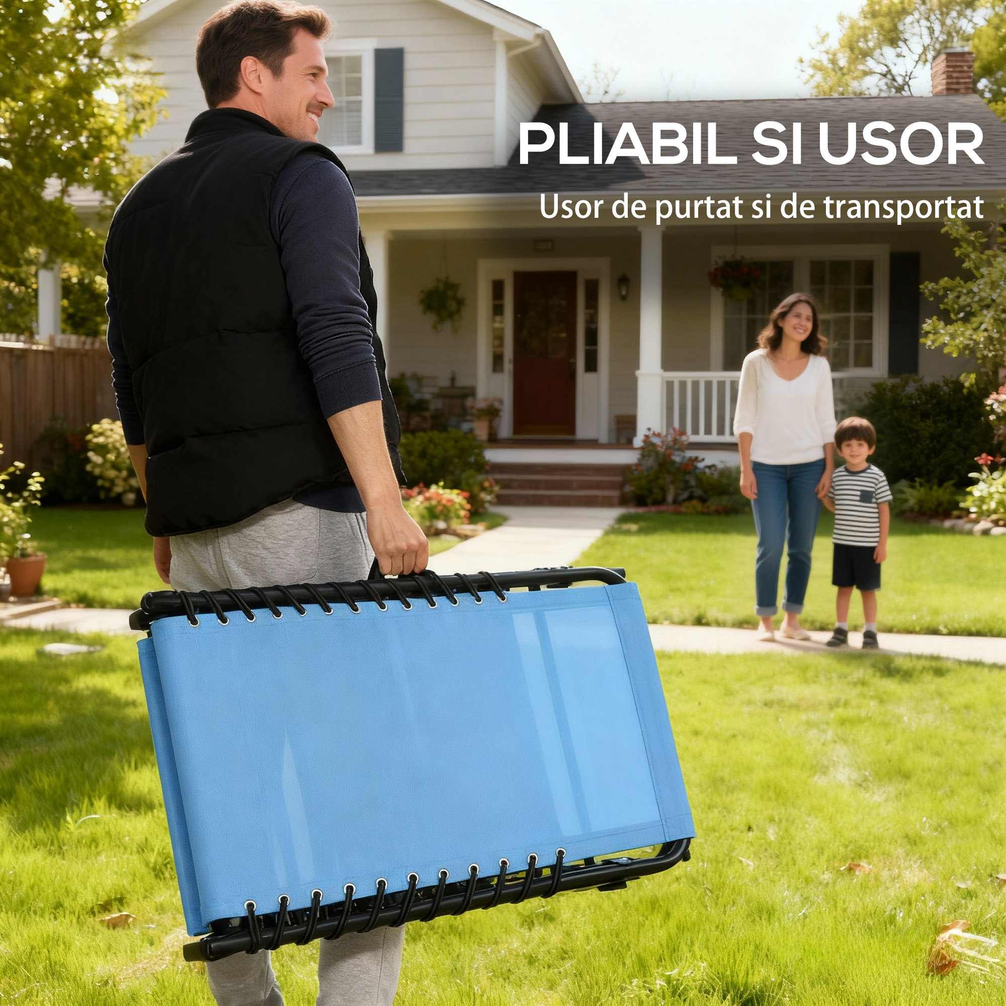  sezlong Pliabil cu Spatar Reglabil, Cadru din Otel si Material Textil Tip Plasa, 189x58x30 cm, Albastru [4]