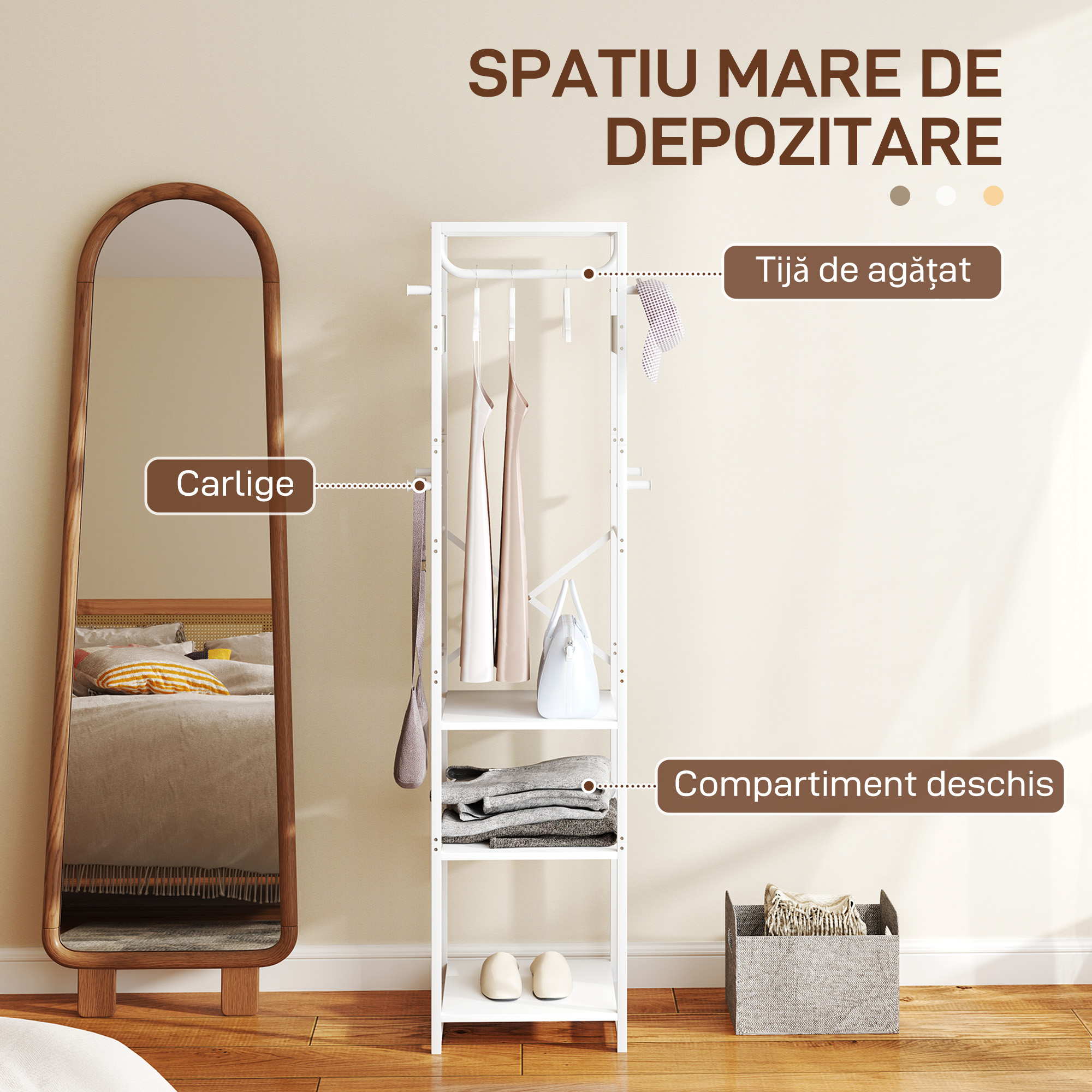  Cuier de Podea cu Bara si 3 Rafturi Deschise, 38.5x30x170 cm, Alb [3]