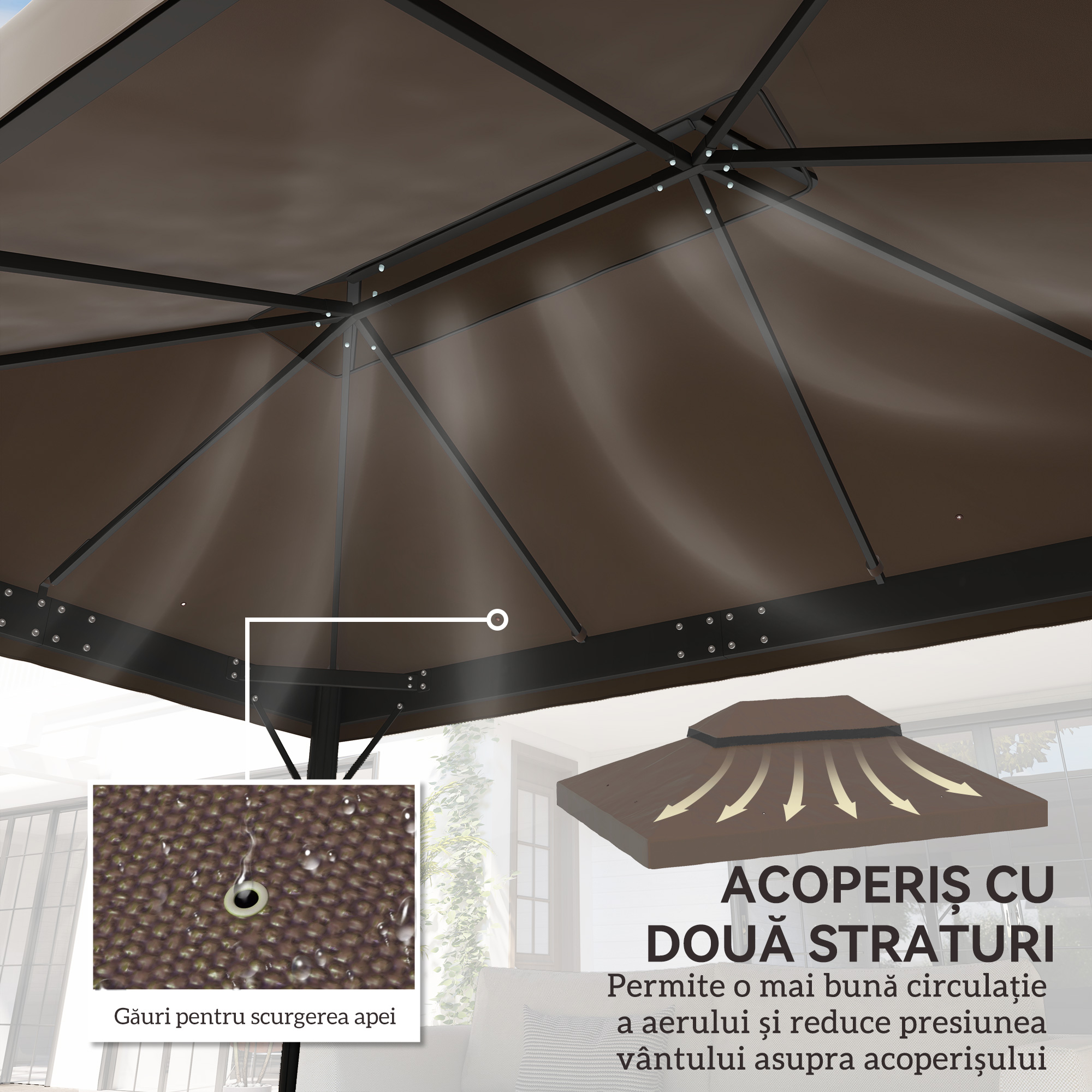  Acoperis pentru Cort de Gradina 3x4 m cu 2 Niveluri din tesatura Oxford 600D, cu Orificii de Drenaj, Cafeniu [3]