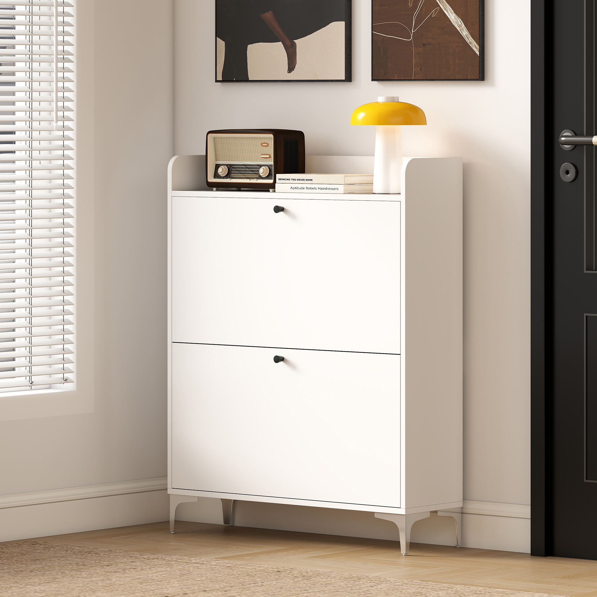  Dulap pentru Pantofi Slim cu 2 Usi Rabatabile, Rafturi Reglabile, Blat Superior si Baza Ridicata, Potrivit pentru 16 Perechi, PAL si Metal, 80x24x101 cm, Alb [8]