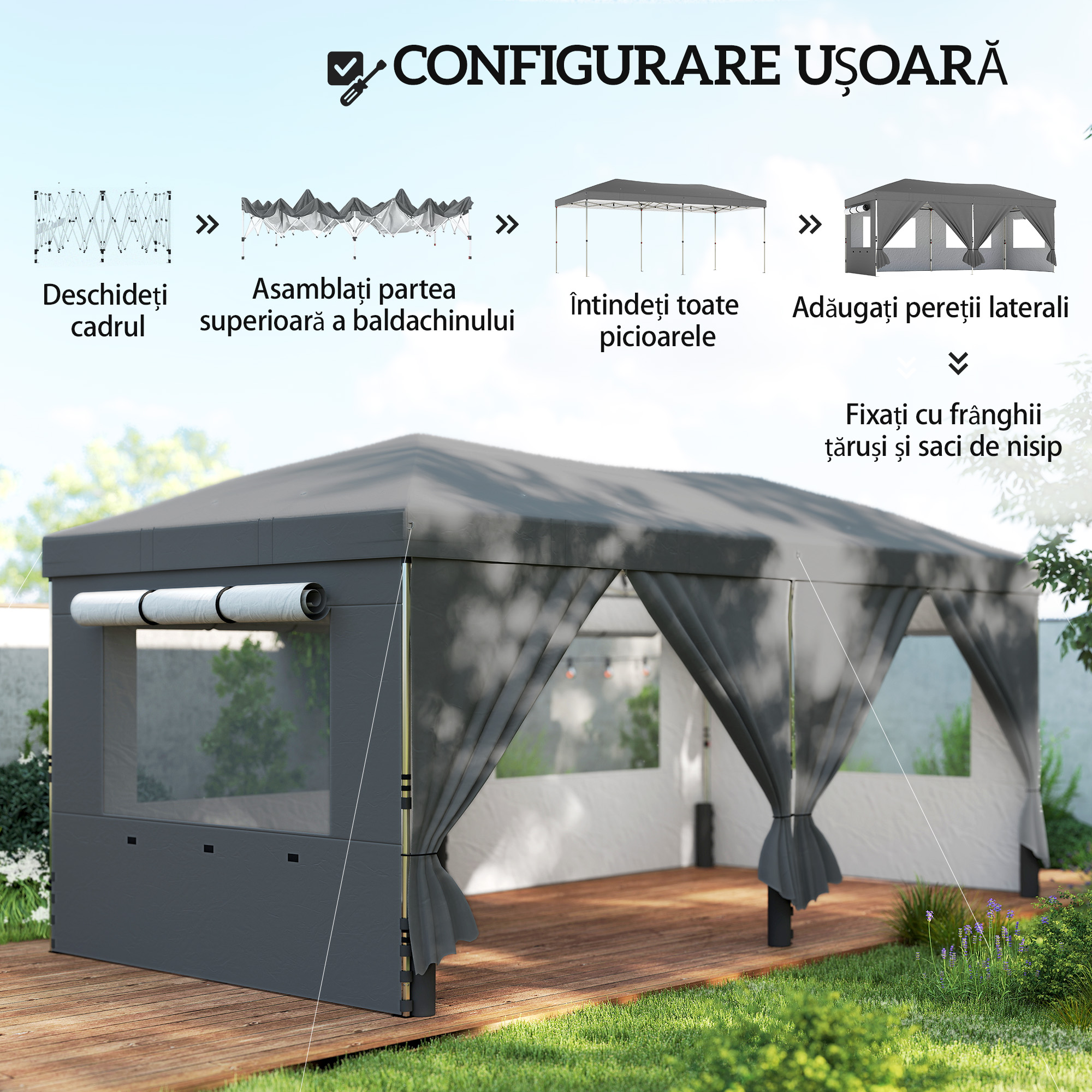  Foisor Pliabil 3x6m Pop-Up cu 6 Pereti Laterali, Foisor de Gradina Reglabil pe inaltime cu Saci de Nisip, Geanta cu Roti, UV50+ pentru Exterior, Gri inchis [7]