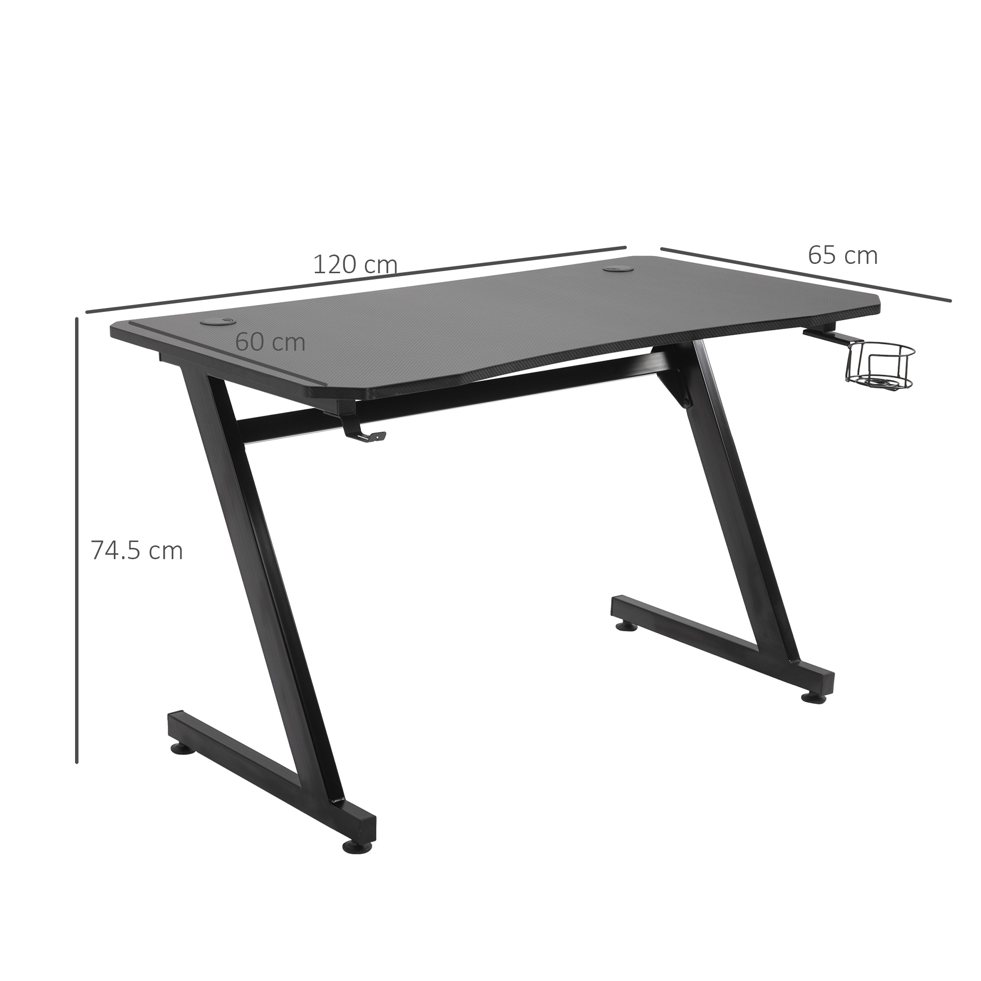  Gaming Desk, Masa Gaming cu Management Cabluri, Suport Pahare si Carlig pentru Casti, Negru, 120×65×74,5 cm [2]