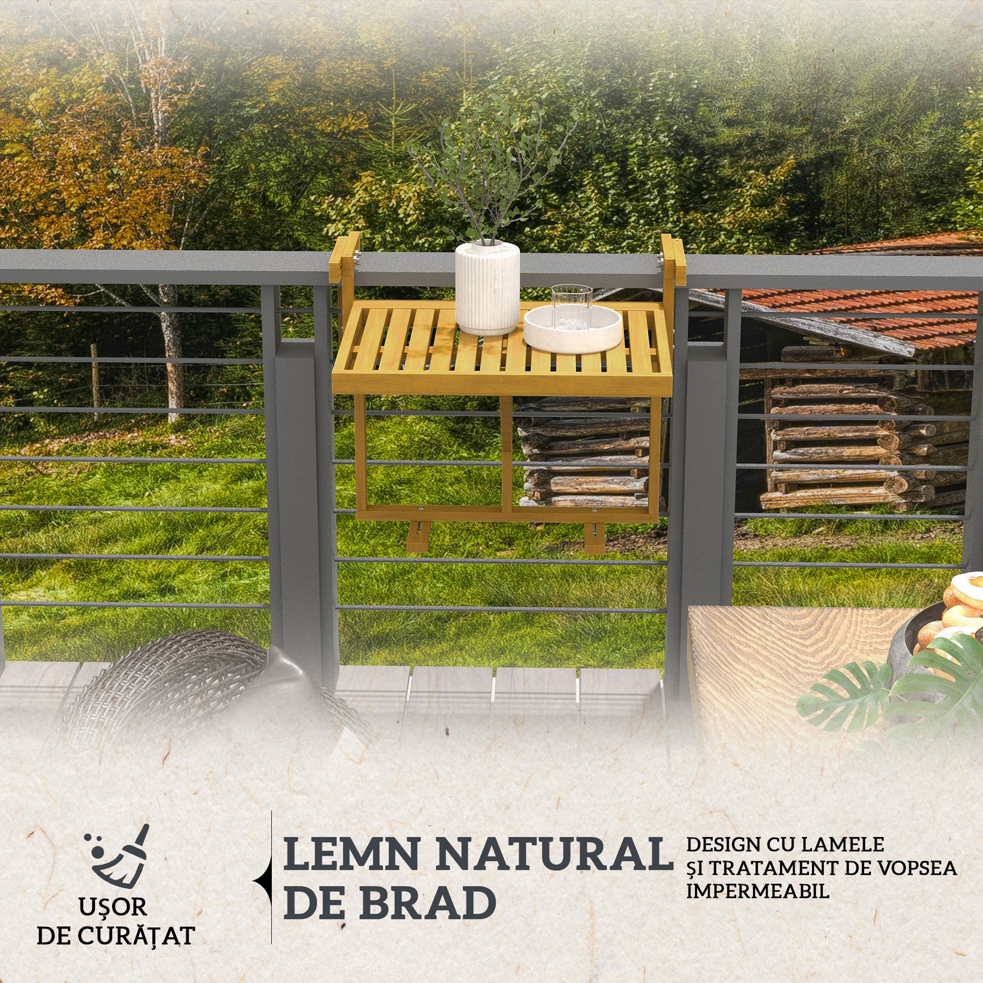  Masa Suspendata de Exterior, Masa Reglabila pentru Balustrada, Blat Suport cu Montare pe Perete, 68x65x40,5-55 cm, Tec [4]