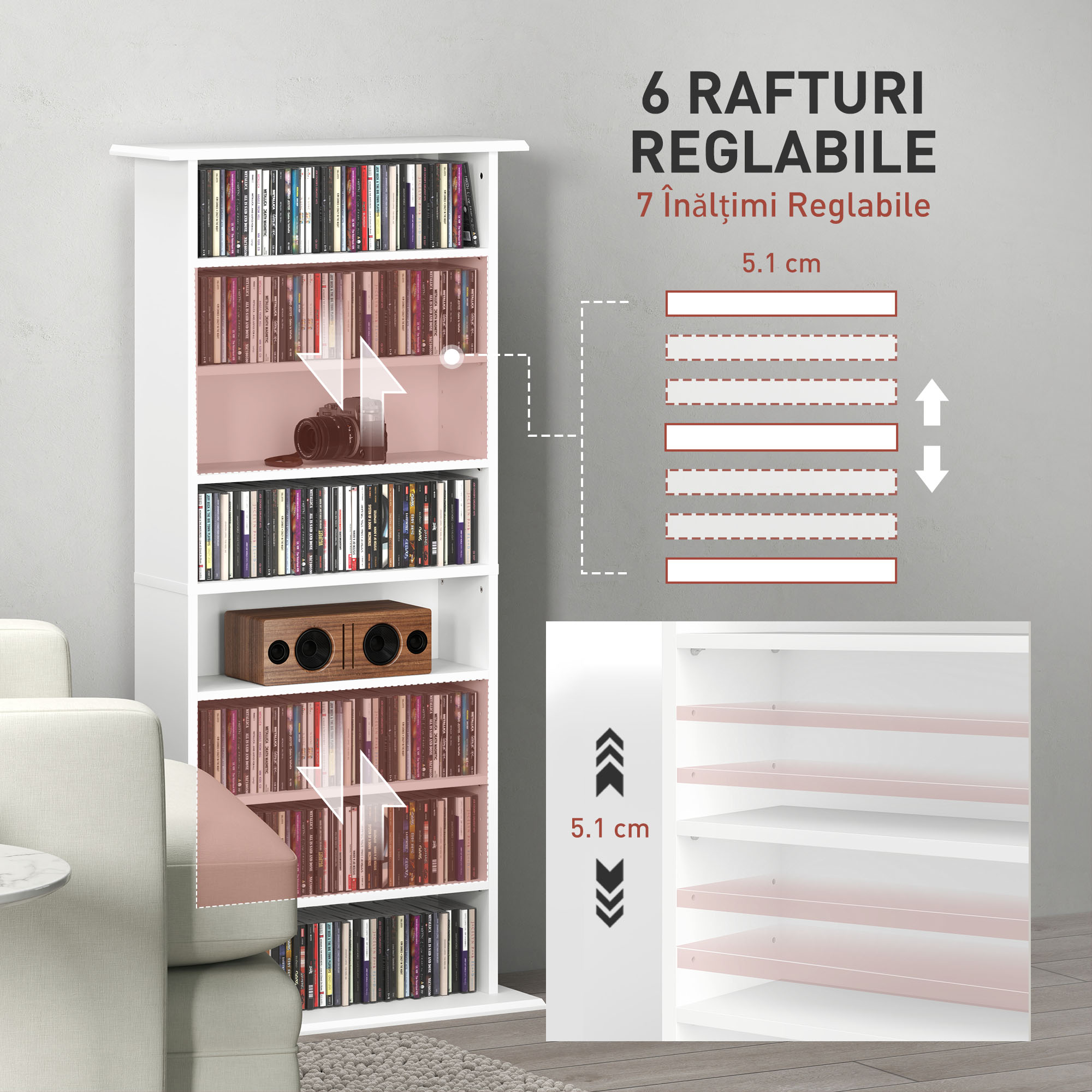  Raft pentru CD-uri cu 6 rafturi reglabile, capacitate de 360 CD-uri/185 DVD-uri, 58x24x124.5 cm, alb [4]