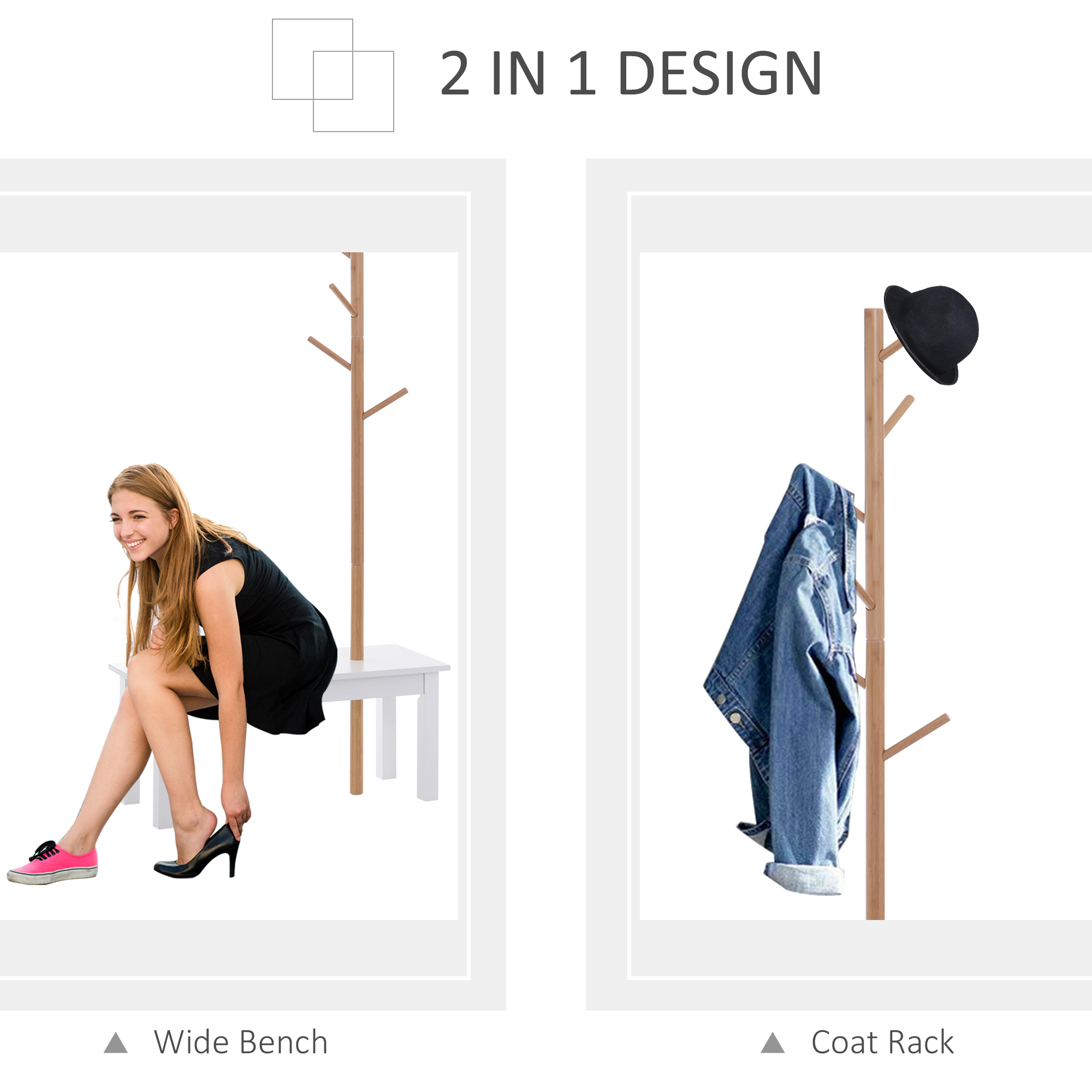  Banca cu Cuier in Bambù, Culoare Alb si Lemn, 80x30x180cm [4]