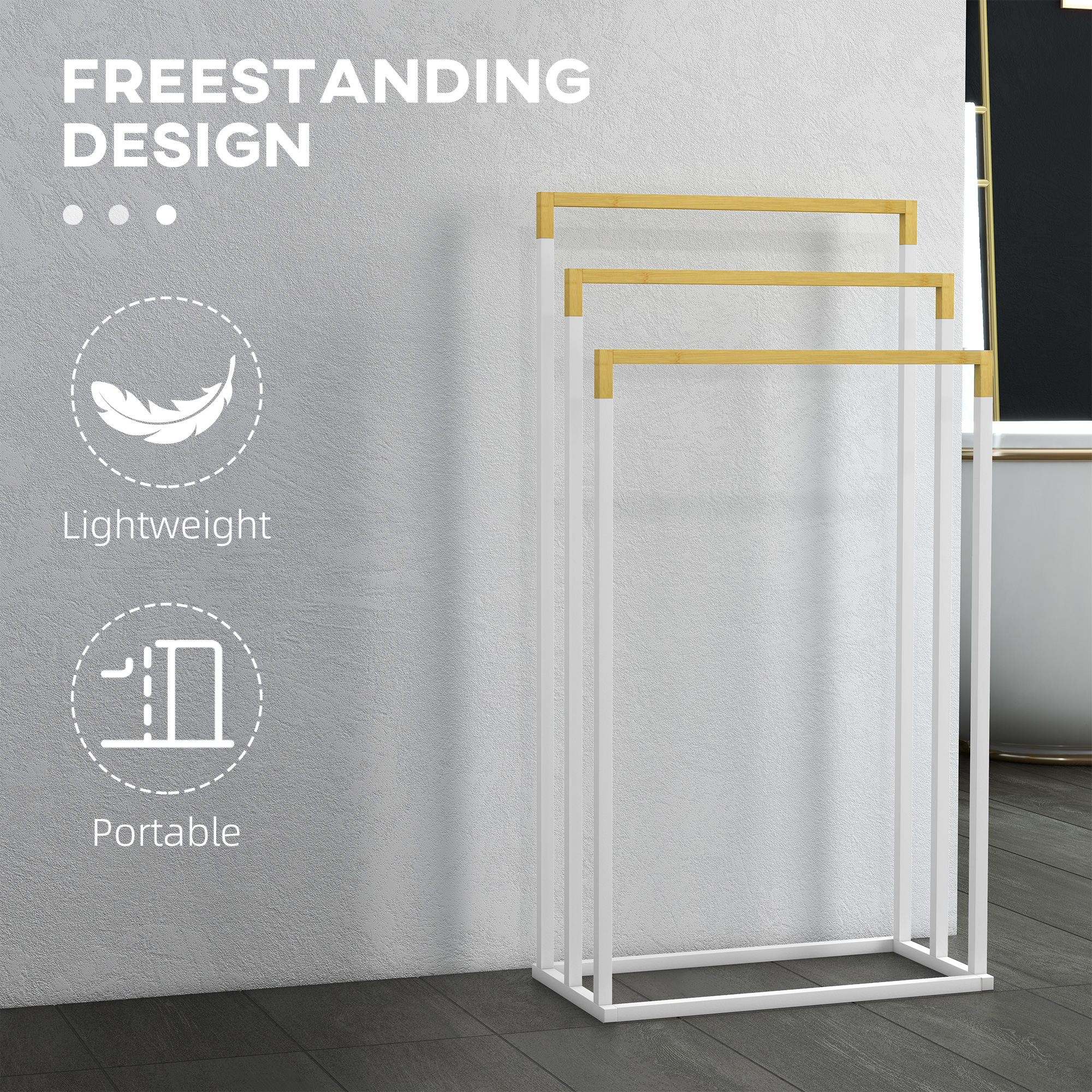  Suport pentru Prosoape din Bambus si Otel cu Design Independent, 45x22.5x86 cm, Alb [5]