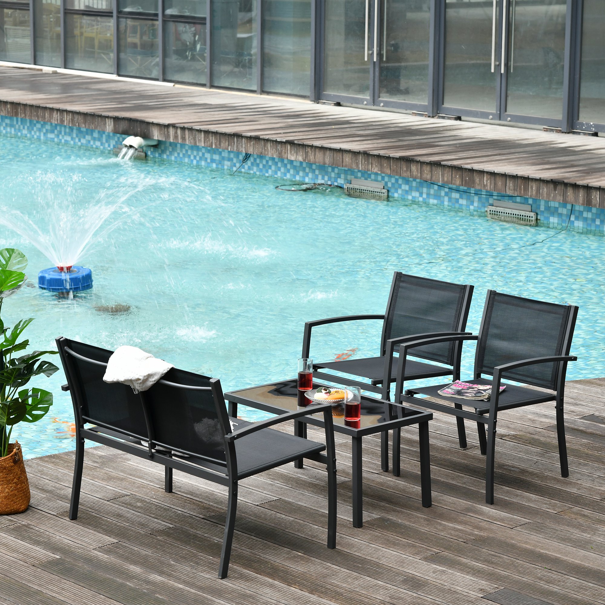  Set de Gradina 4 bucati cu Masuta de cafea, 2 Scaune si o Panca in Metal, Negru [1]