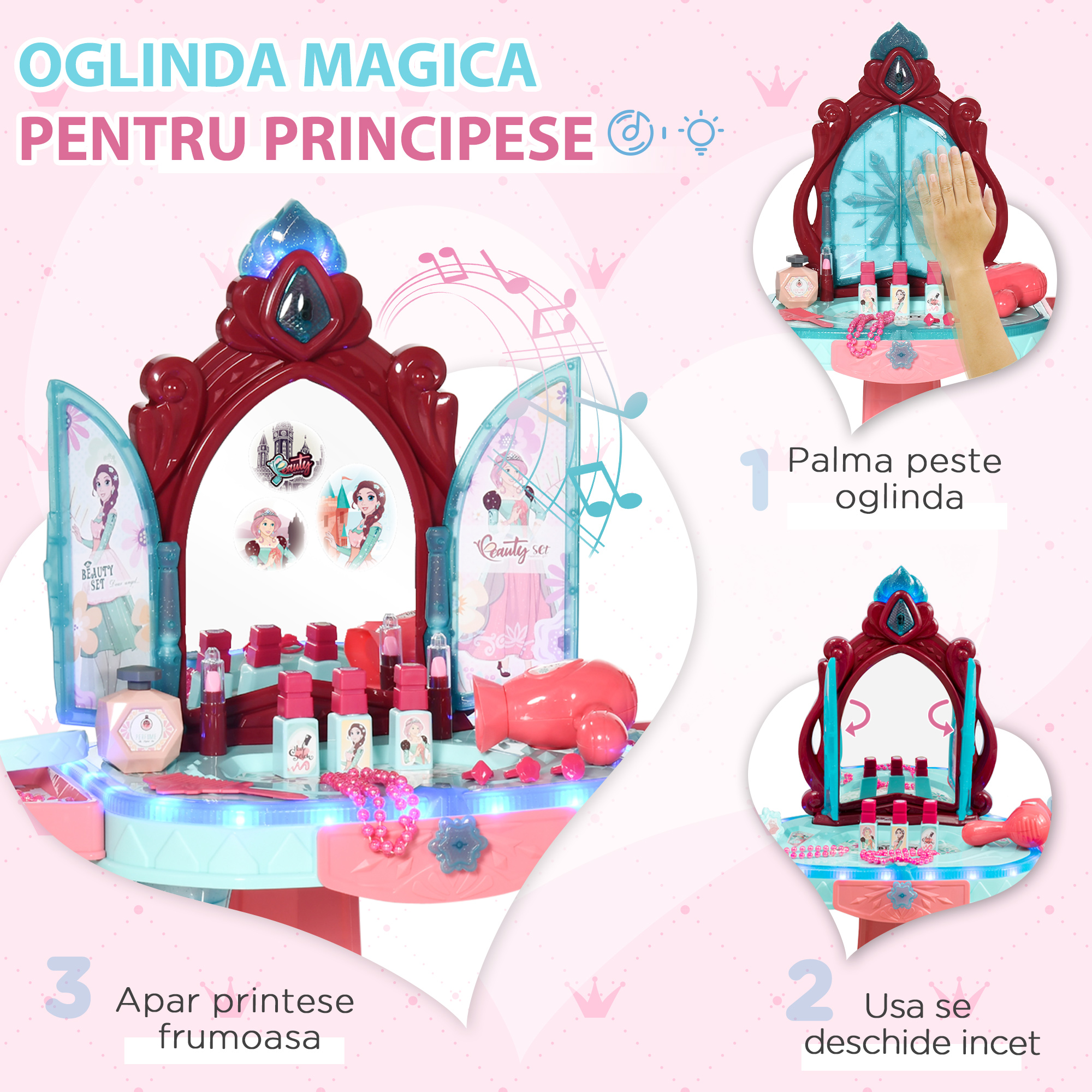  Set de oglinda si masa cu design printesa magica, jucarie muzicala, set de frumusete, pentru 3-6 ani, albastru roz [3]