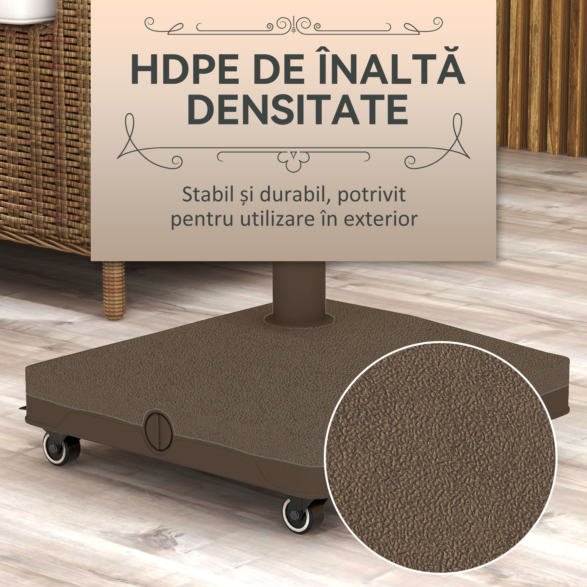  Baza pentru umbrela cu roti, umplibila pana la 20 kg, pentru stalpi cu Ø22-38 mm, 45x45x39 cm, maro [5]